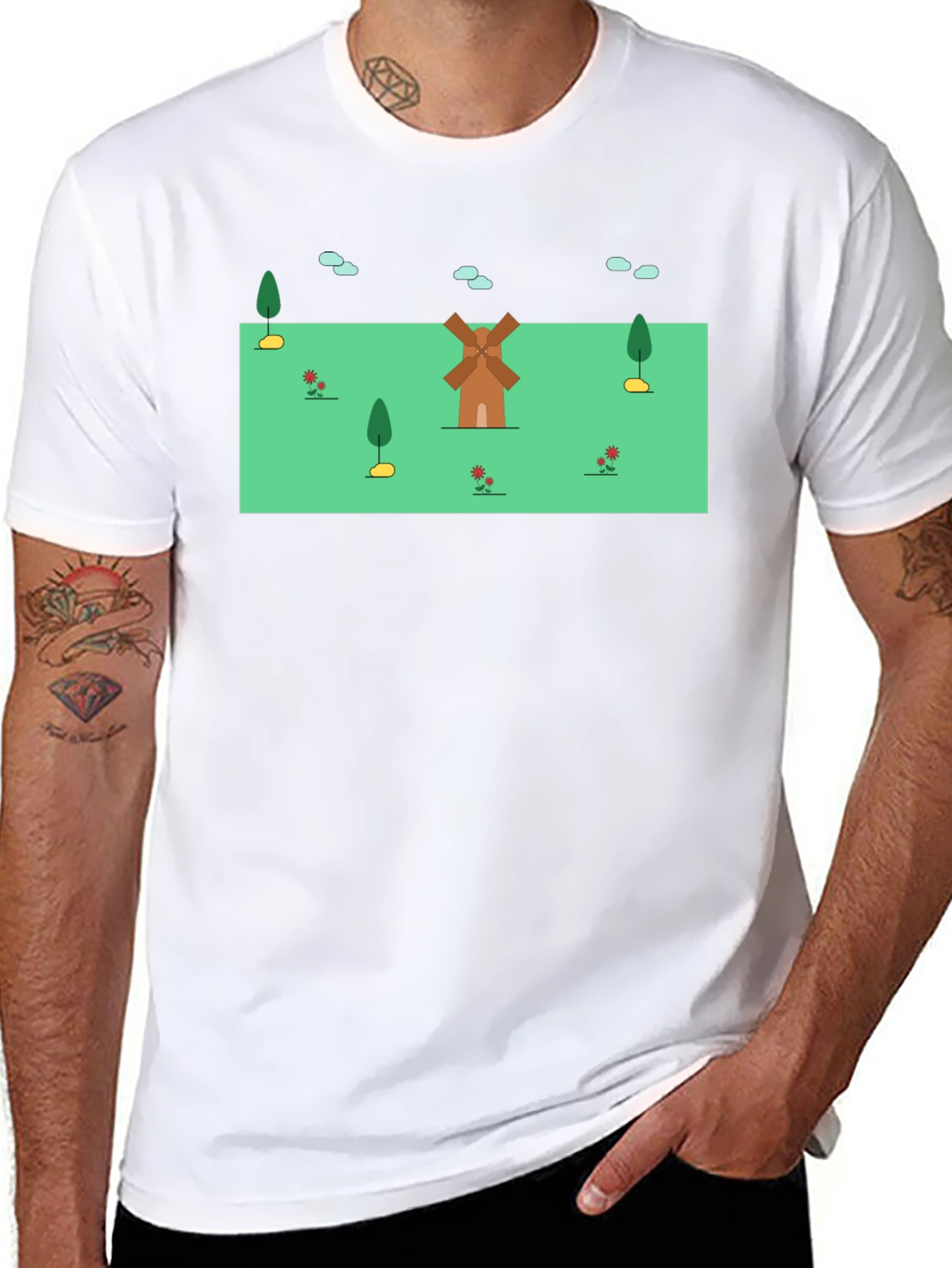 Whimsical Windmill Graphic Tee - Black Cotton Blend