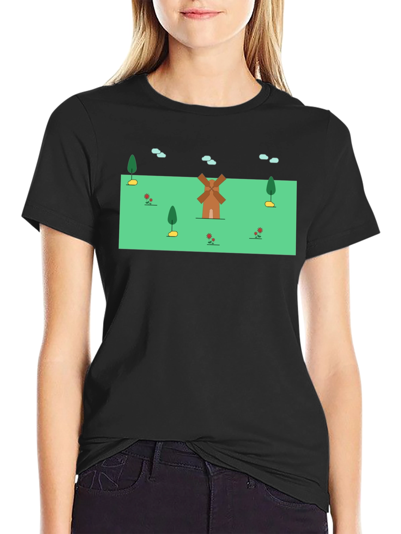 Whimsical Windmill Graphic Tee - Black Cotton Blend