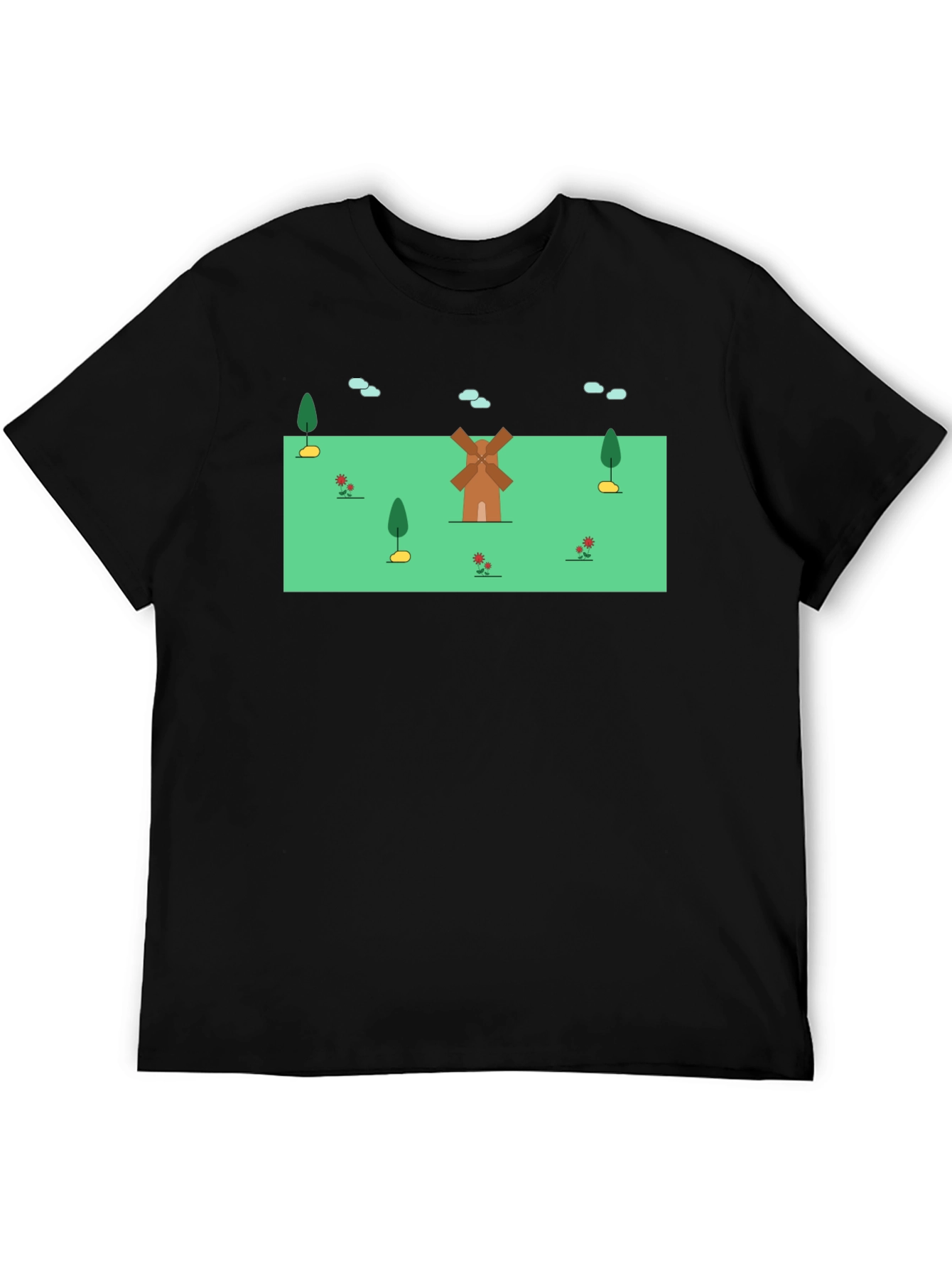 Whimsical Windmill Graphic Tee - Black Cotton Blend