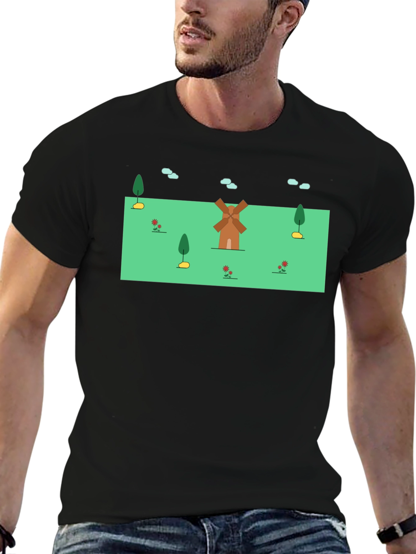 Whimsical Windmill Graphic Tee - Black Cotton Blend