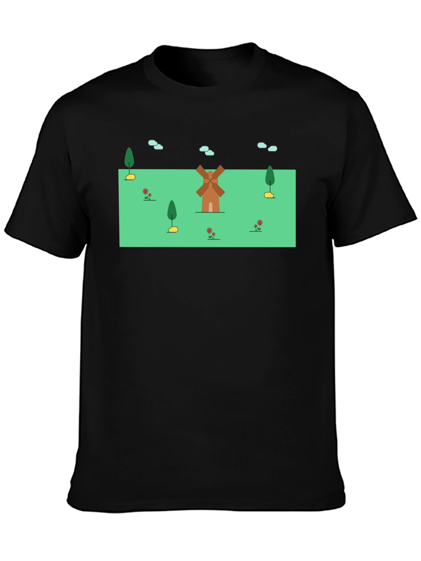 Whimsical Windmill Graphic Tee - Black Cotton Blend