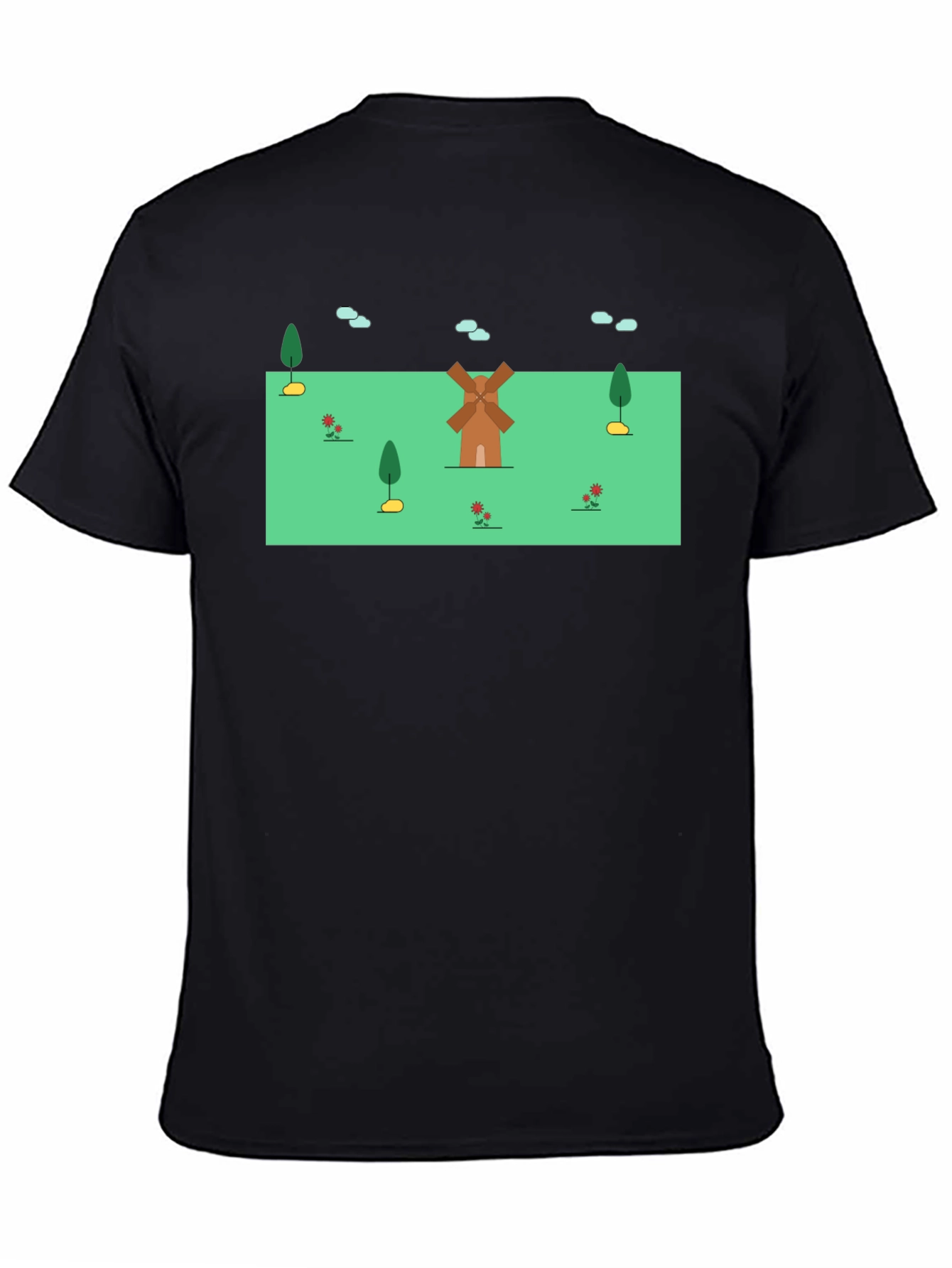 Whimsical Windmill Graphic Tee - Black Cotton Blend