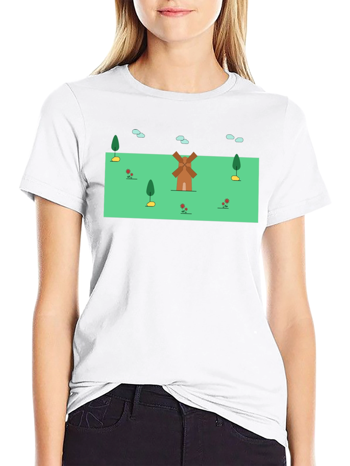 Whimsical Windmill Graphic Tee - Black Cotton Blend