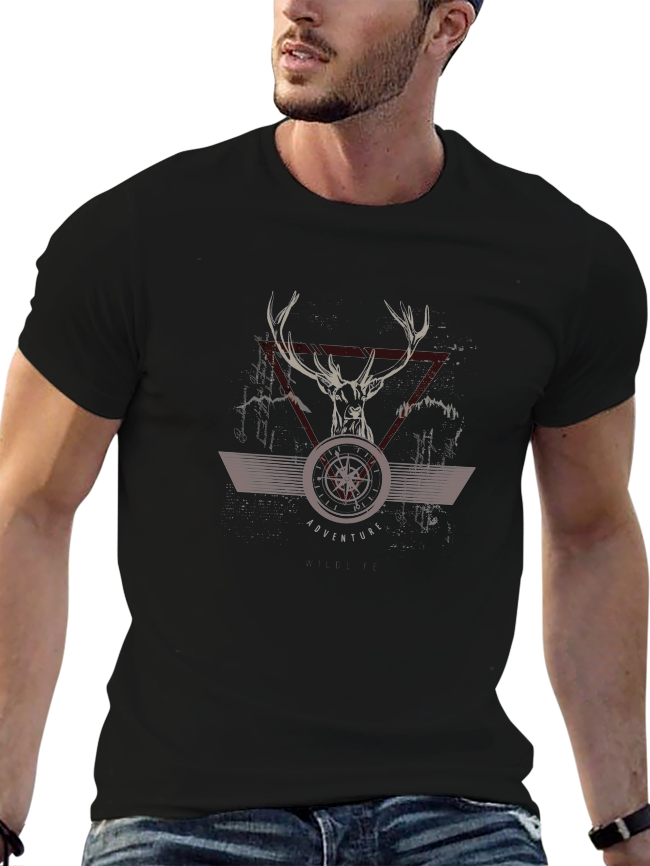 Adventure Compass Deer Graphic Black T-Shirt