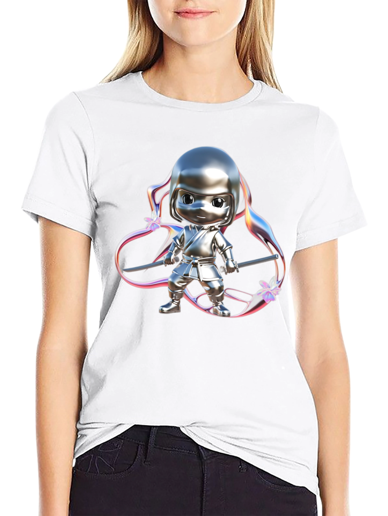 Ninja Cartoon Graphic Black T-Shirt