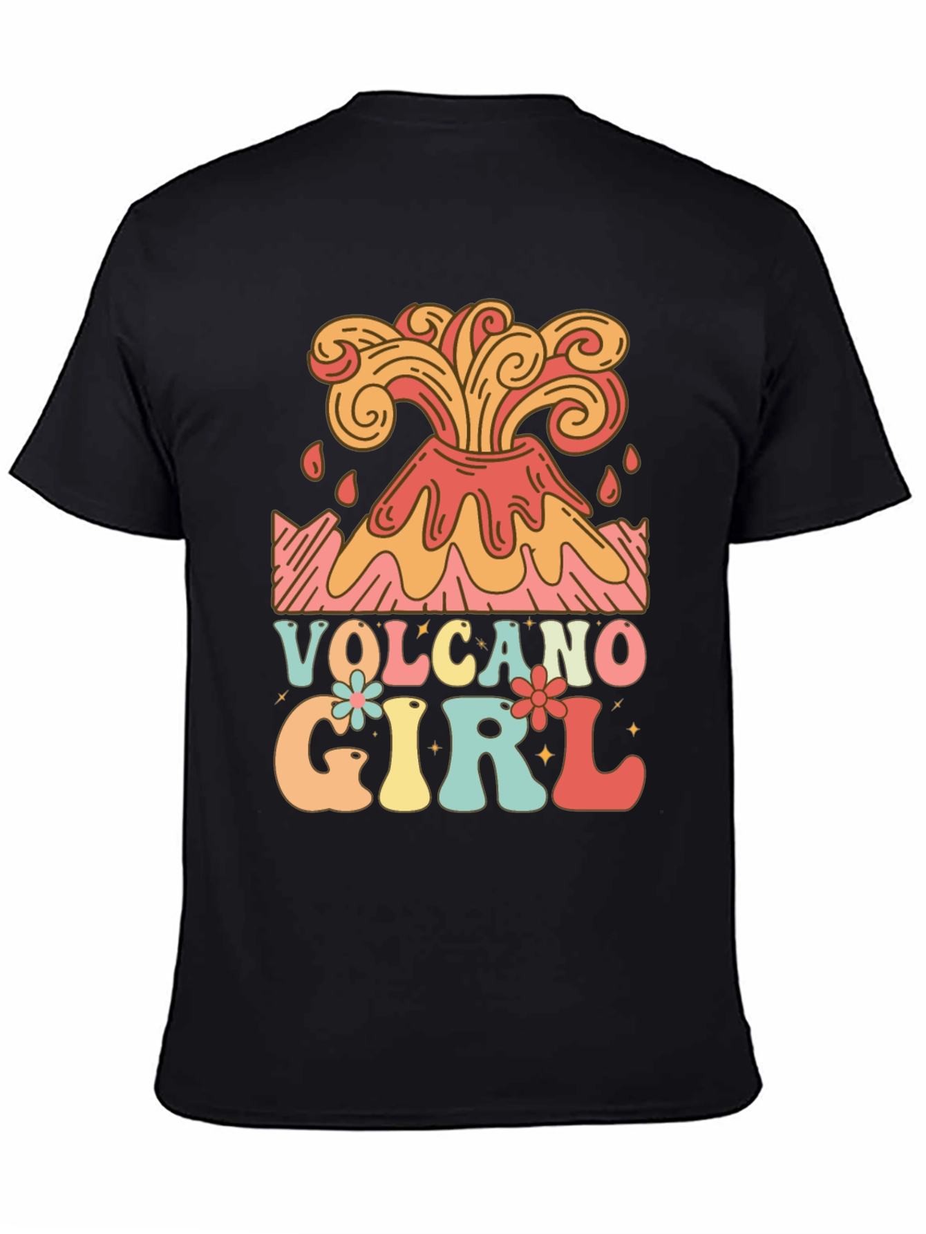 Volcano Girl Retro Graphic Tee - Black Cotton T-Shirt