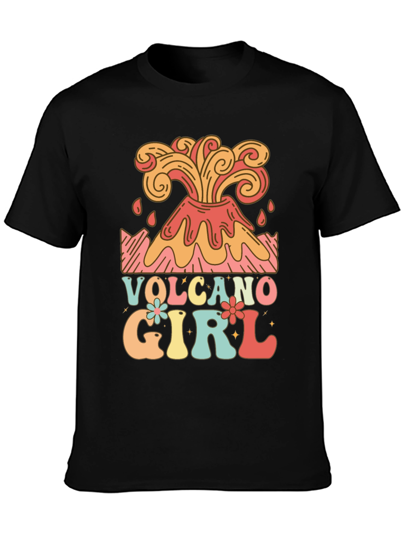 Volcano Girl Retro Graphic Tee - Black Cotton T-Shirt