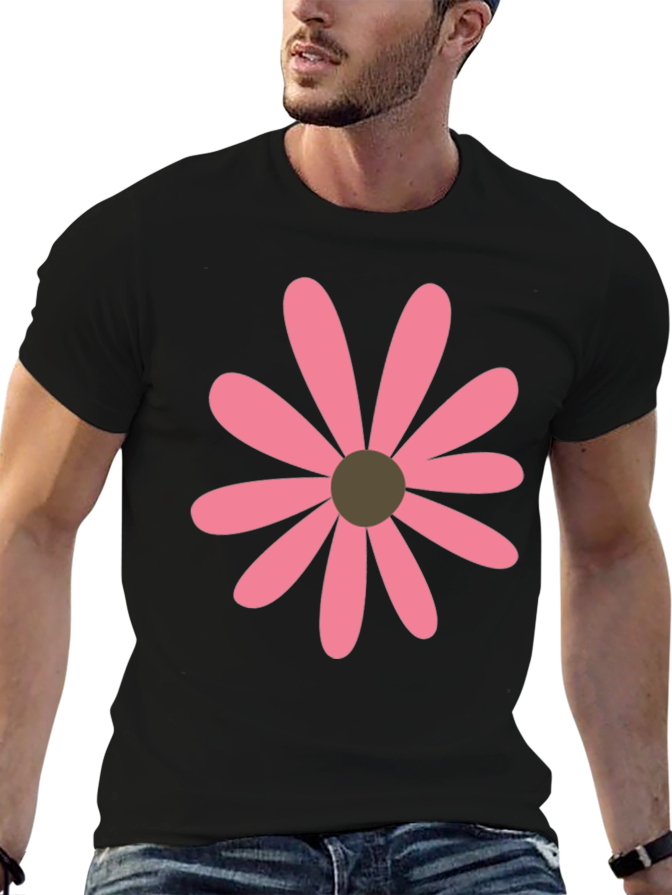 Pink Daisy Graphic Black T-Shirt