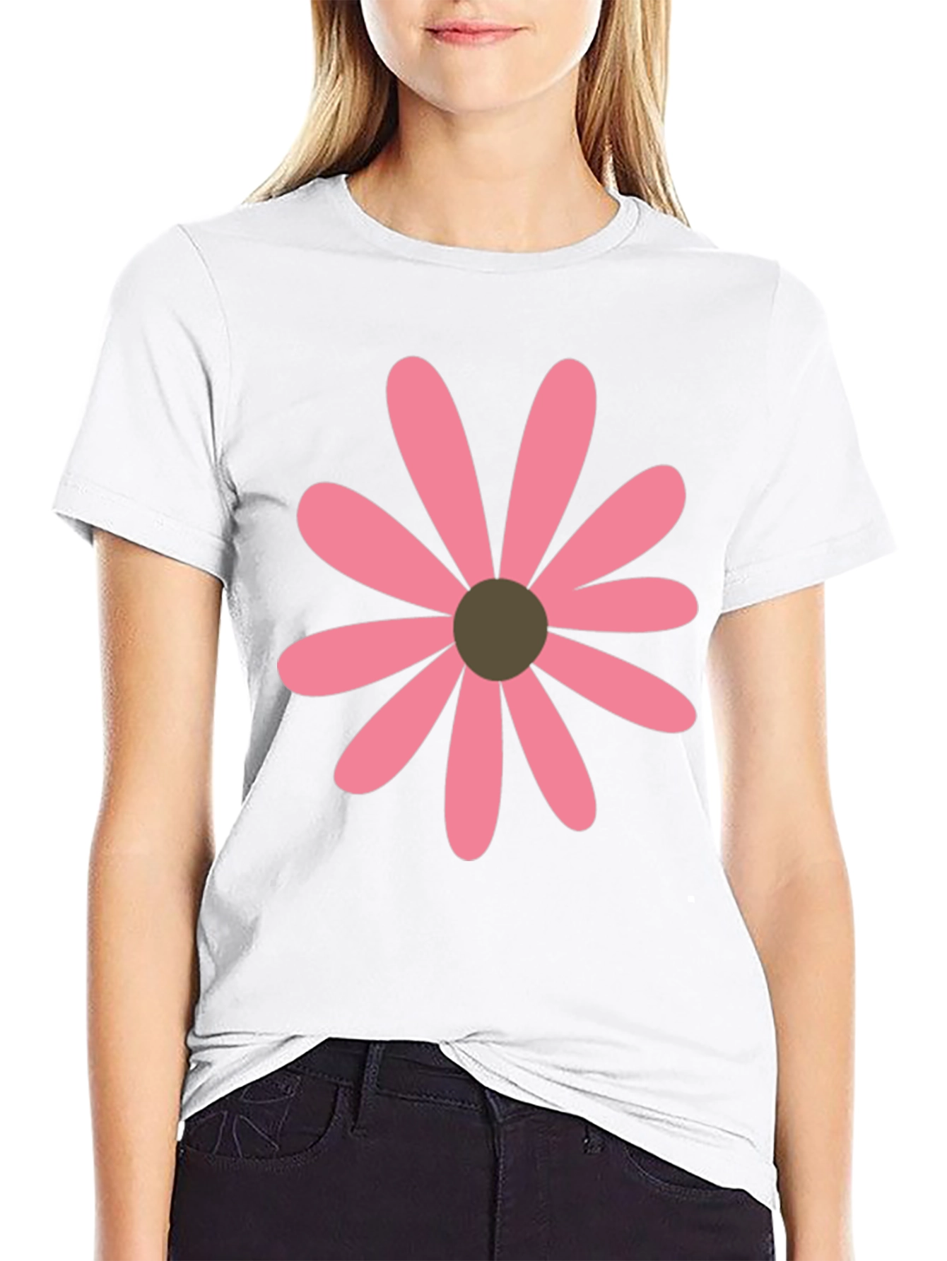 Pink Daisy Graphic Black T-Shirt