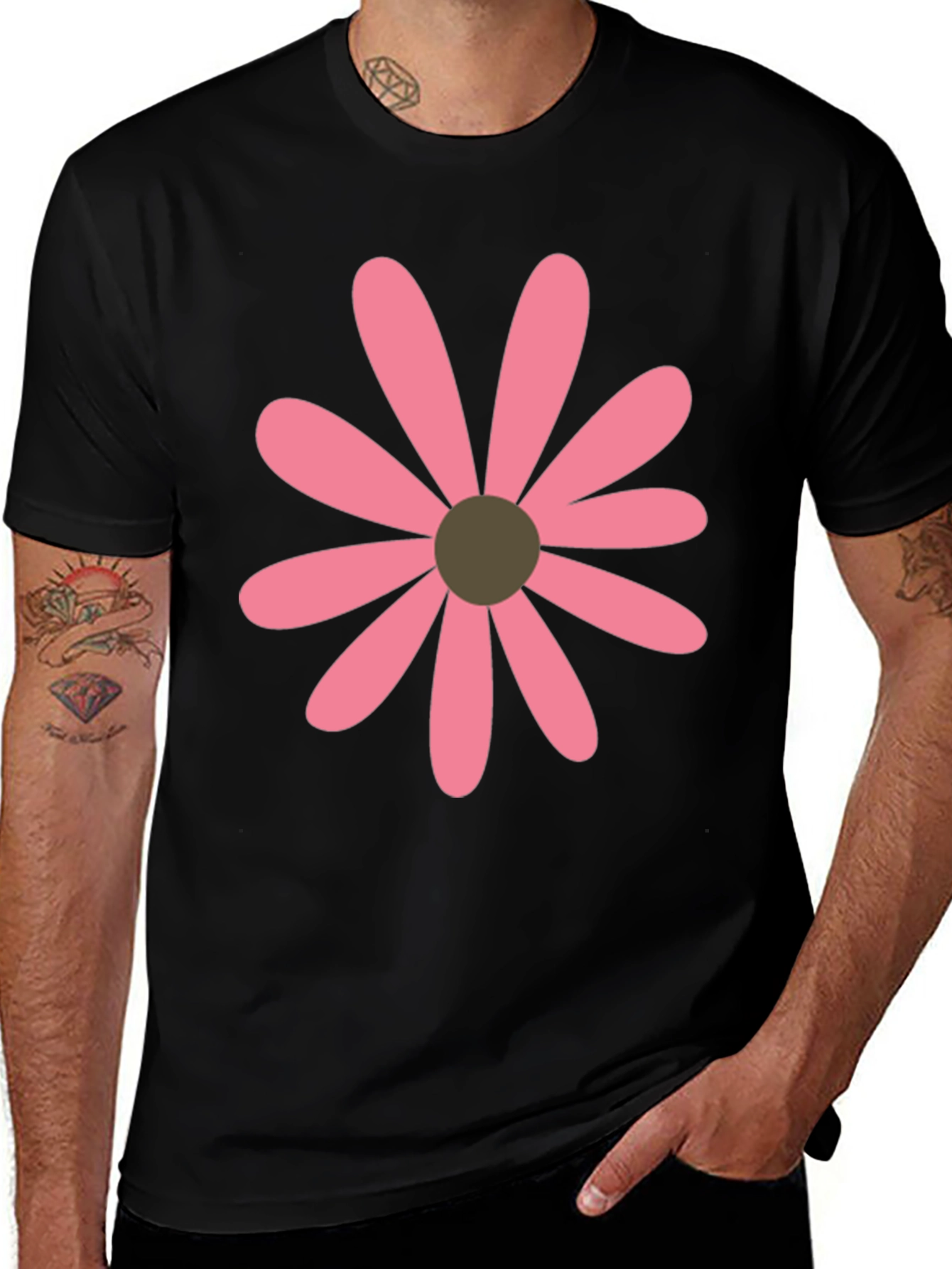 Pink Daisy Graphic Black T-Shirt