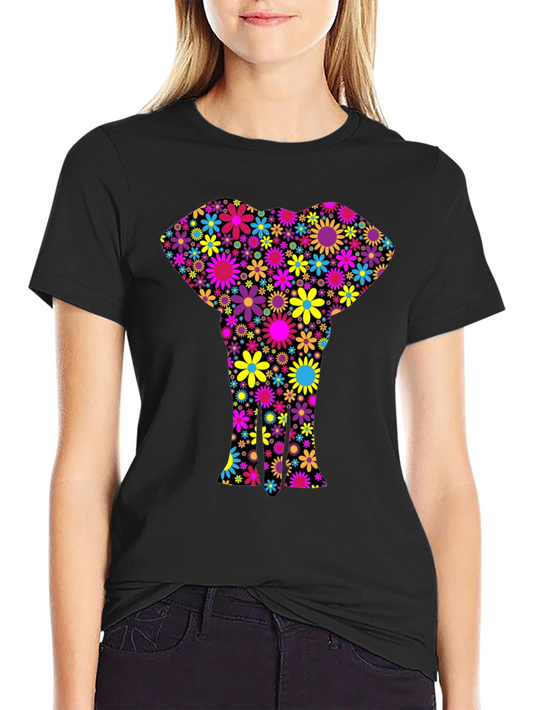Floral Elephant Black T-Shirt