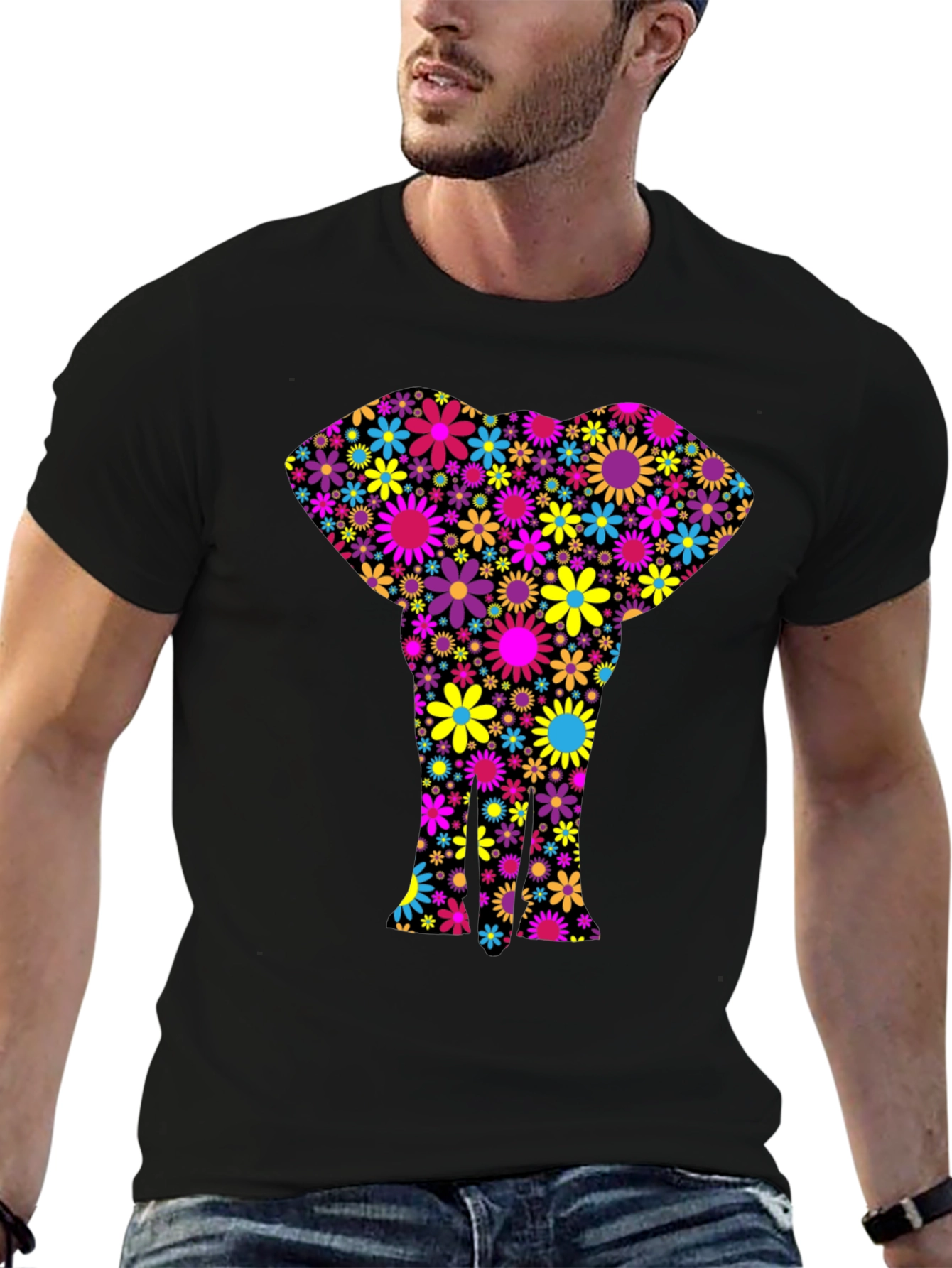 Floral Elephant Black T-Shirt