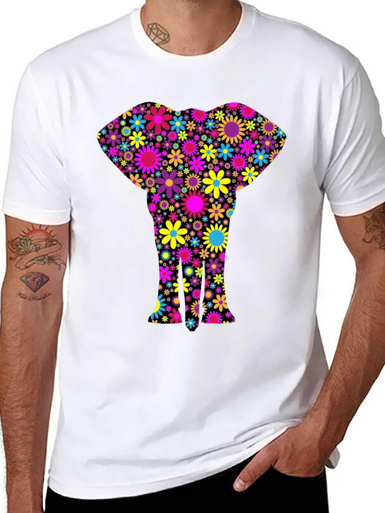Floral Elephant Black T-Shirt