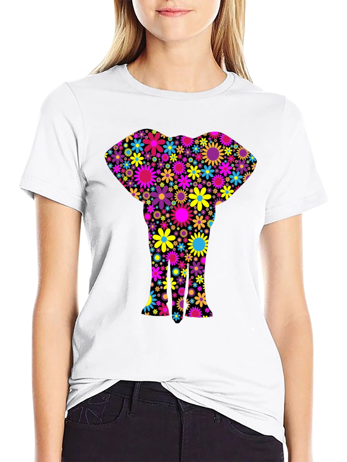 Floral Elephant Black T-Shirt