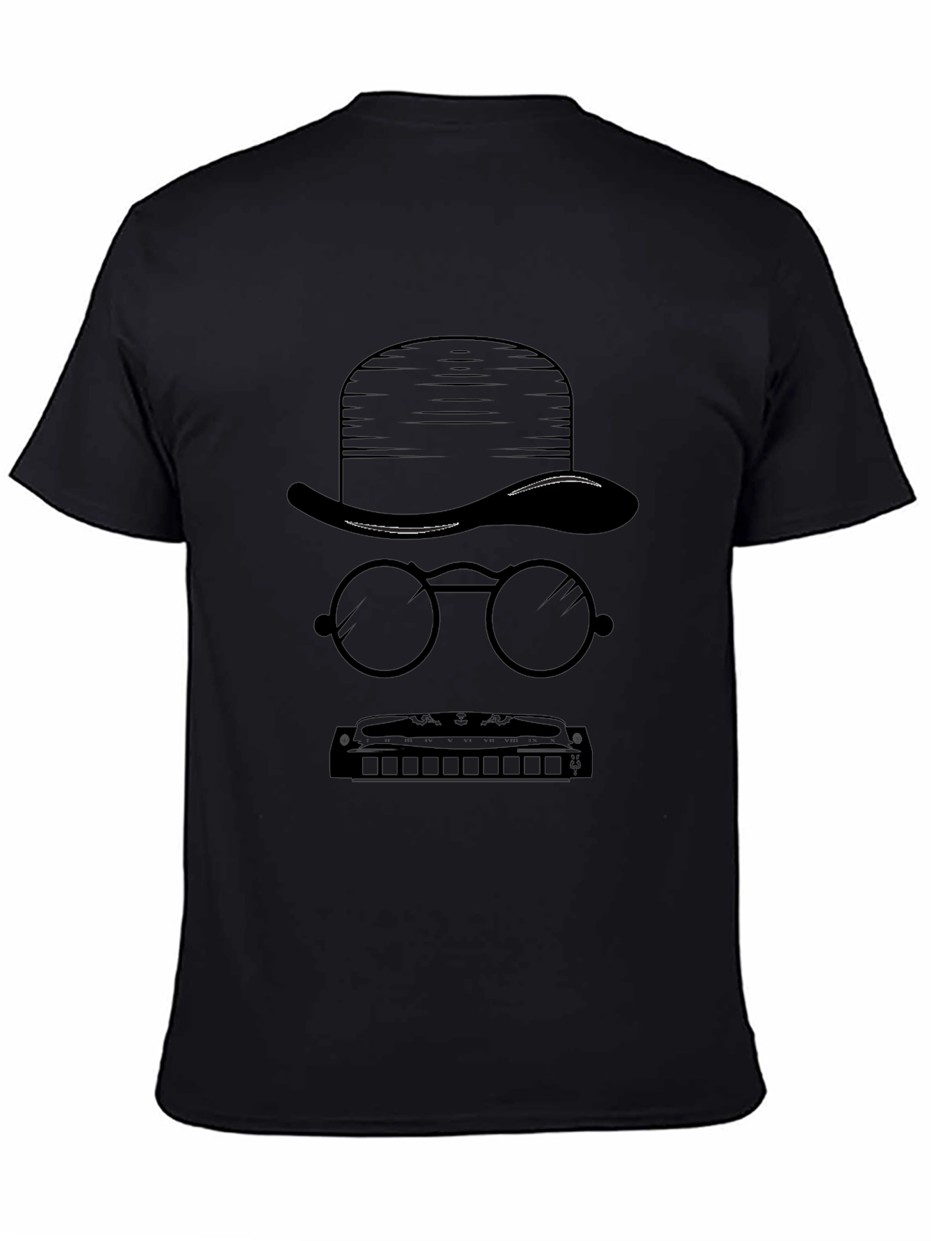 Mystery Man Tee - Hat Glasses Harmonica Graphic T-Shirt