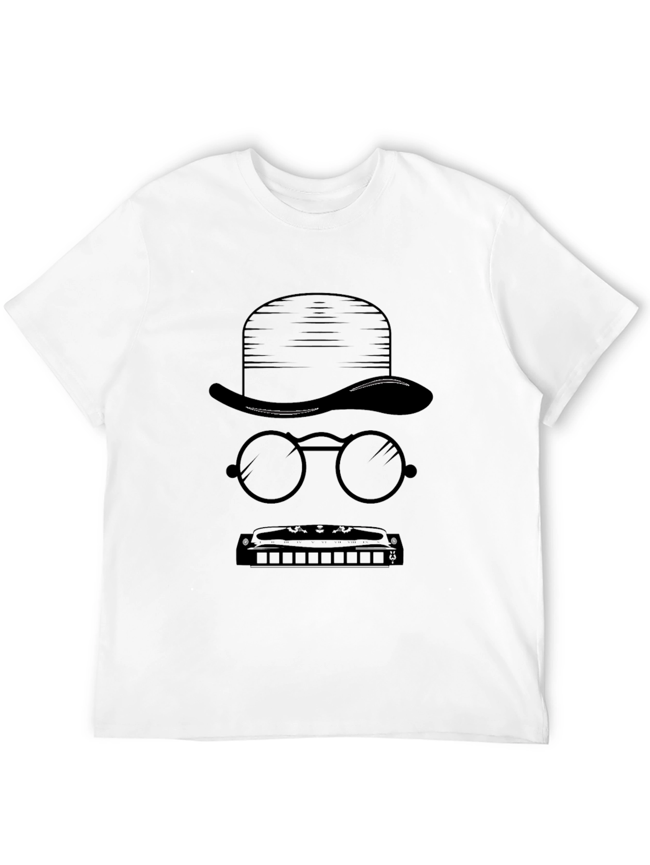 Mystery Man Tee - Hat Glasses Harmonica Graphic T-Shirt