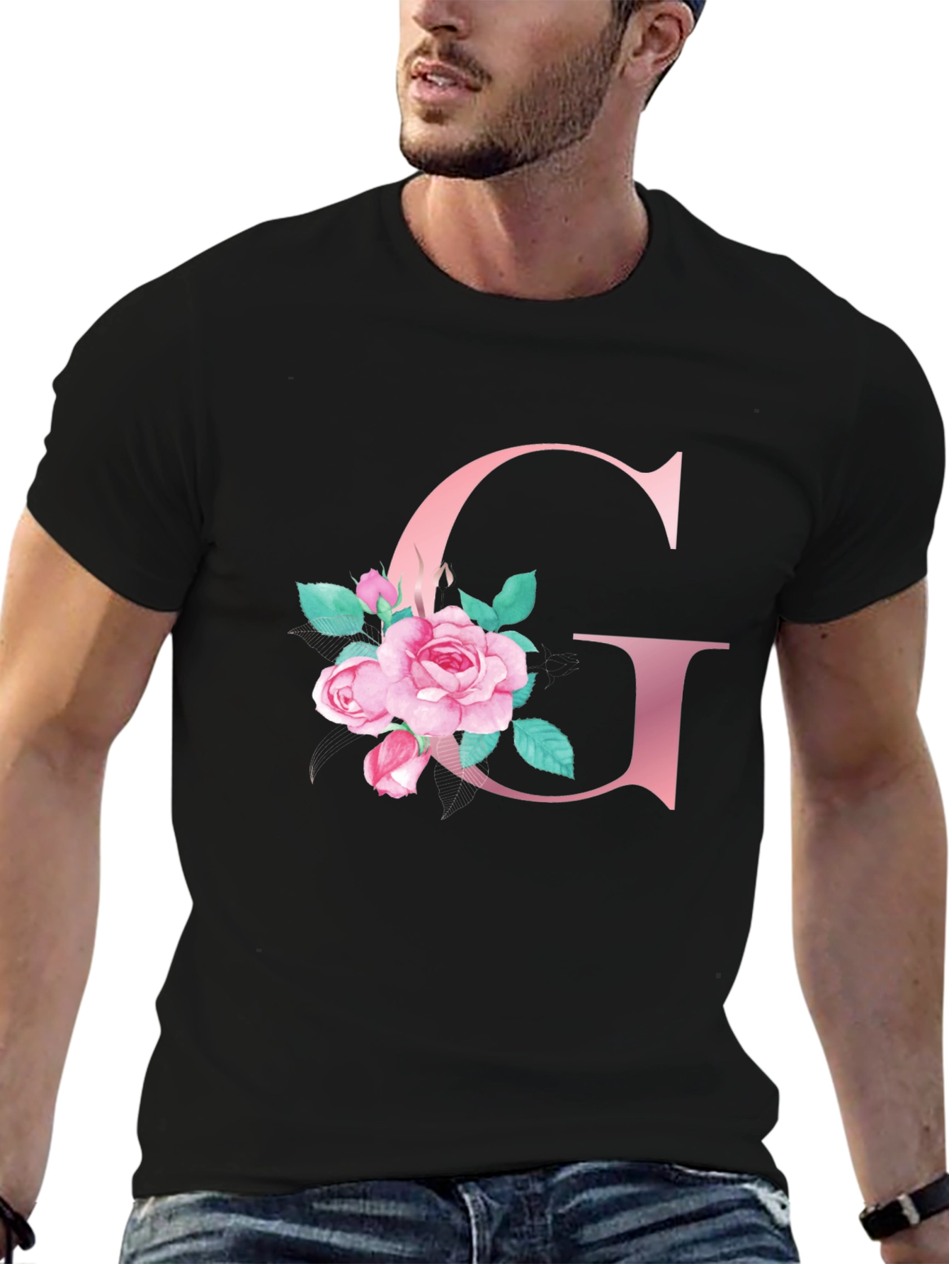 Floral Letter G Black T-Shirt