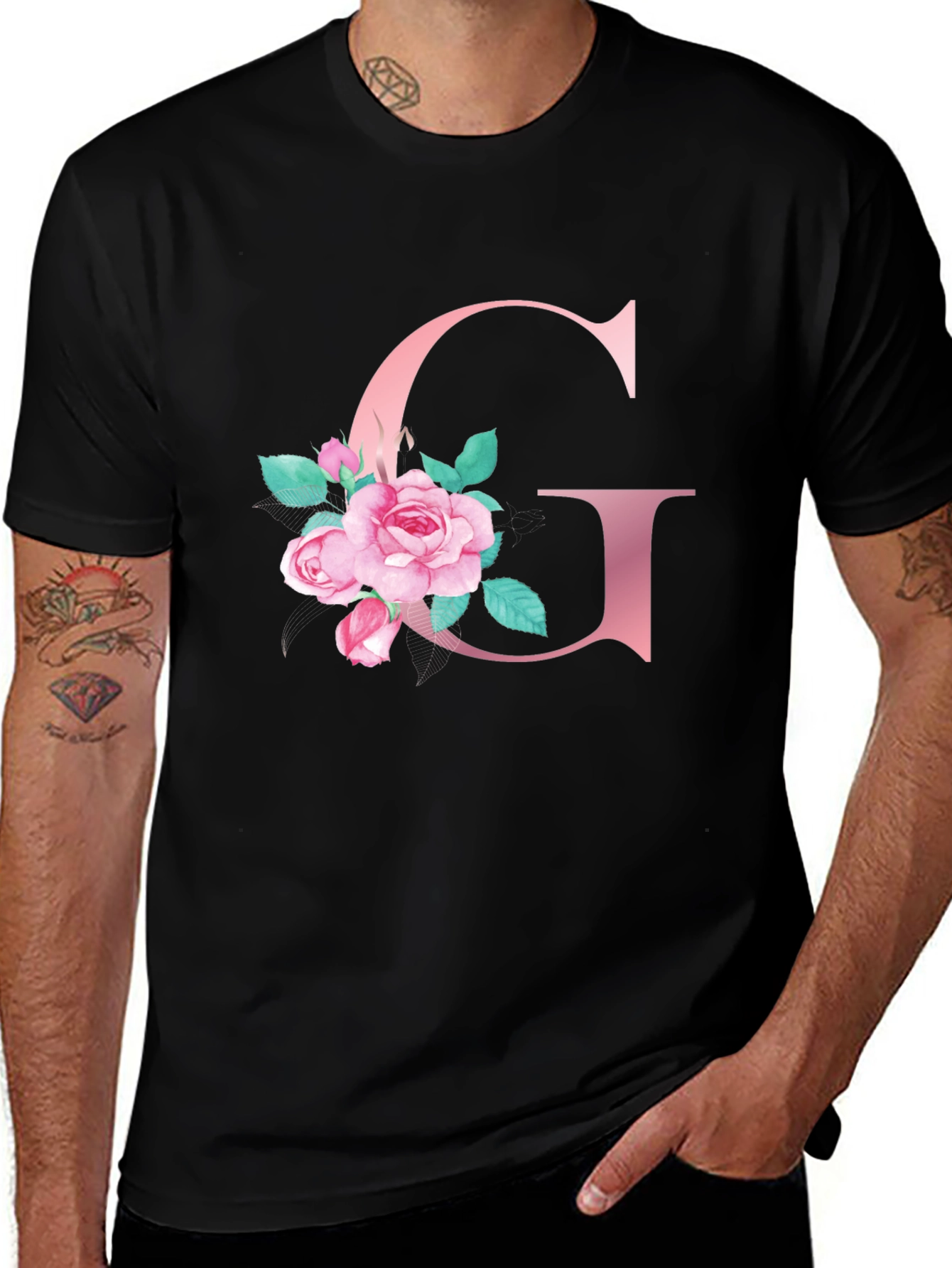 Floral Letter G Black T-Shirt