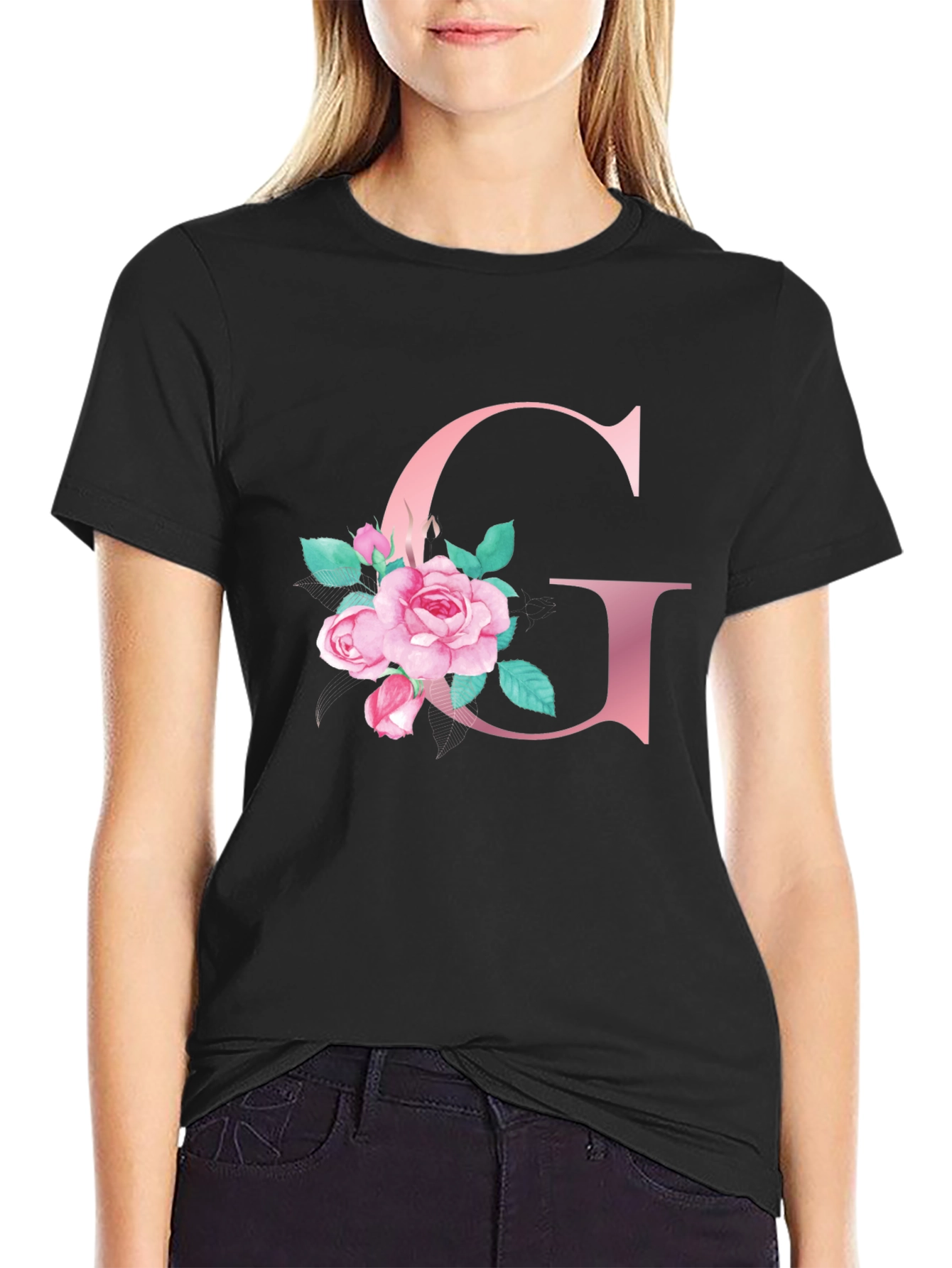 Floral Letter G Black T-Shirt