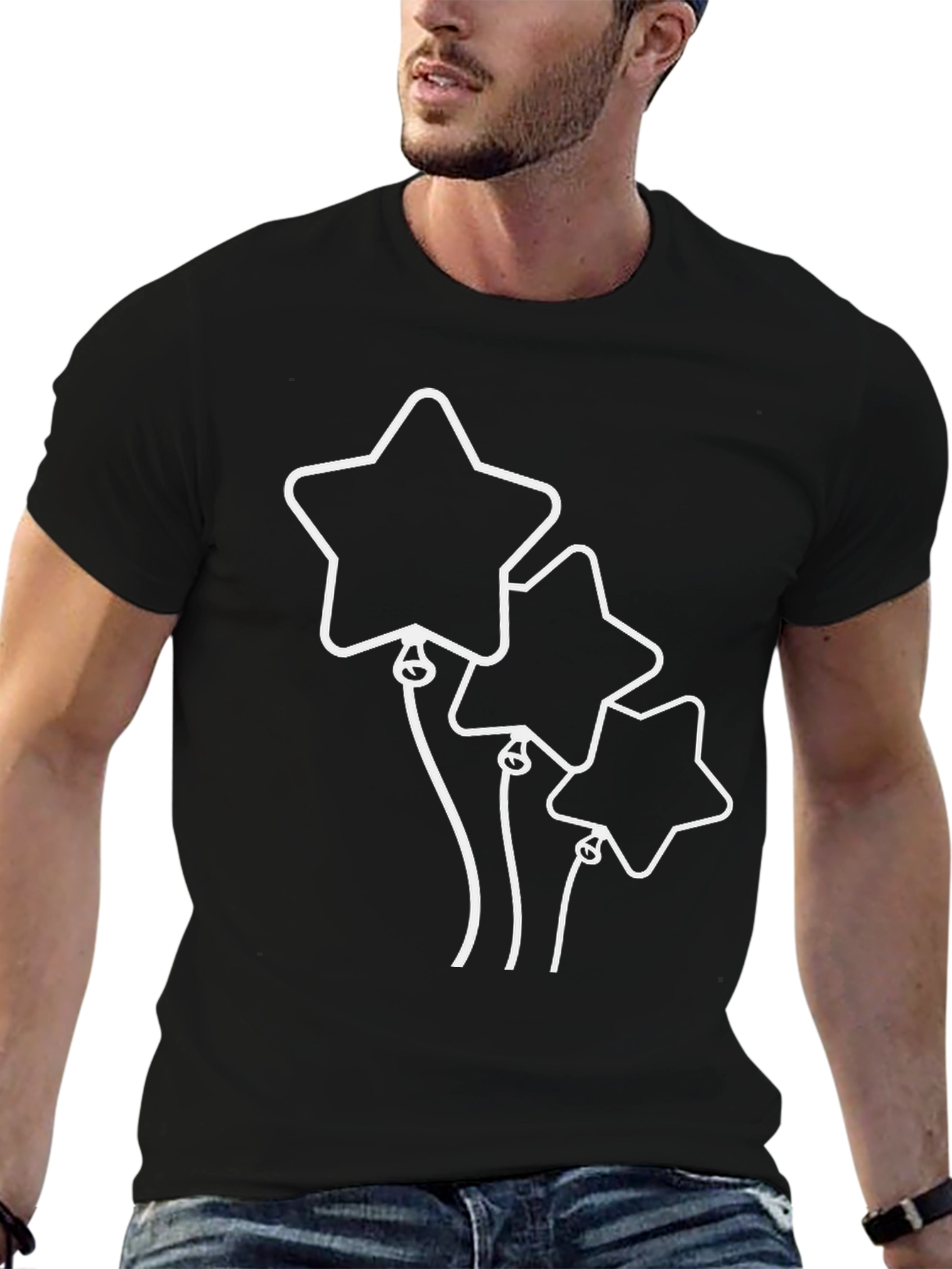Star Balloons Graphic Tee - Black Cotton Shirt