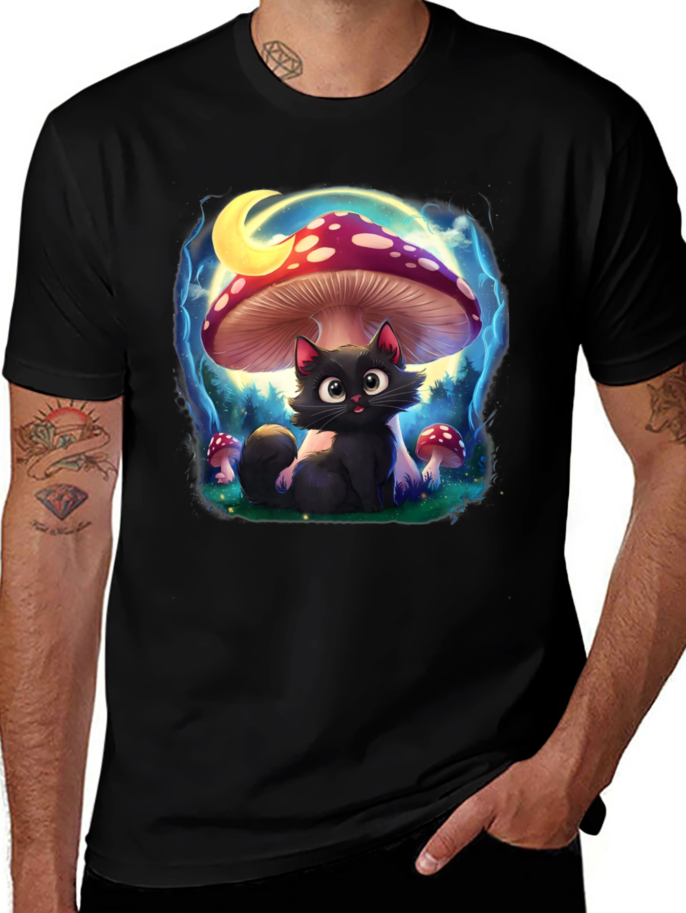 Black Cat Mushroom T-Shirt: Whimsical & Unique Design