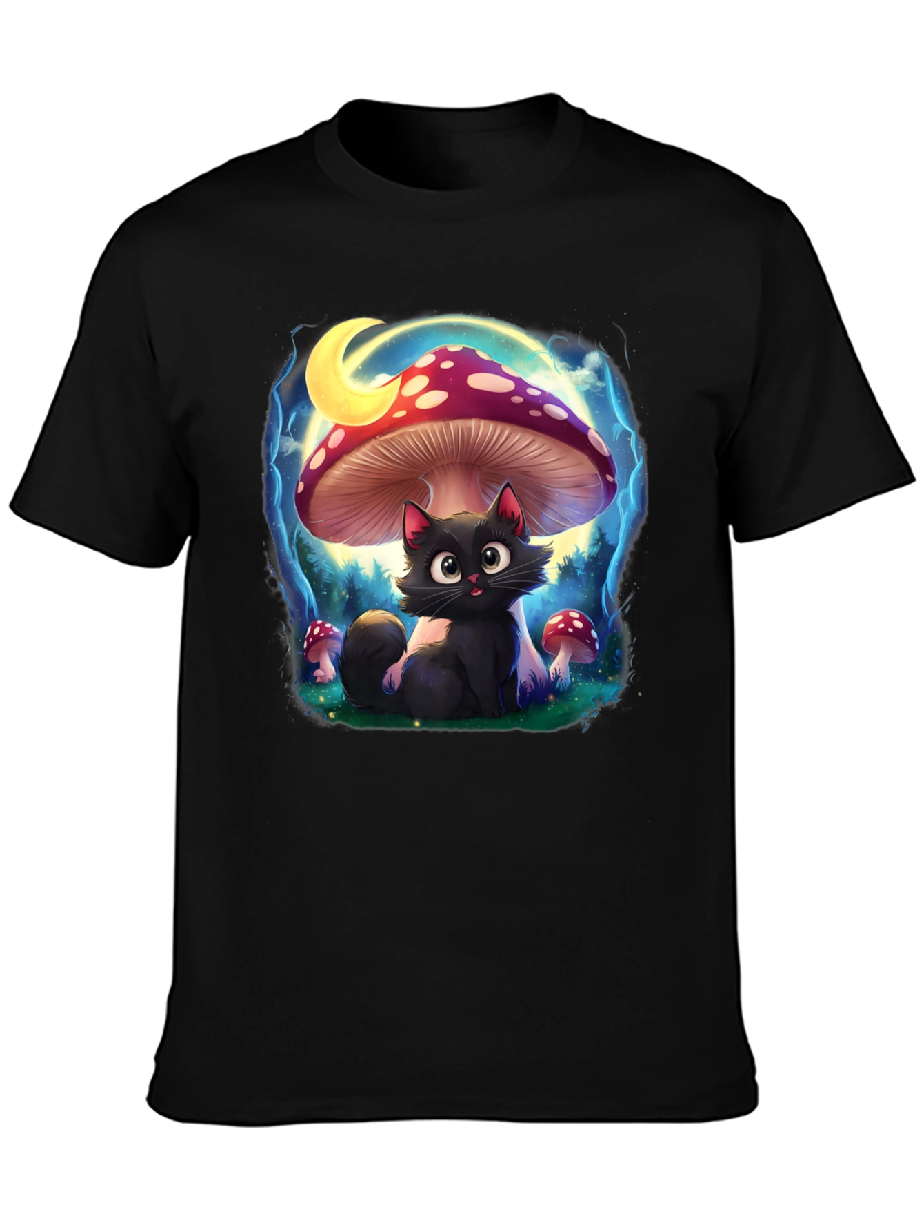 Black Cat Mushroom T-Shirt: Whimsical & Unique Design