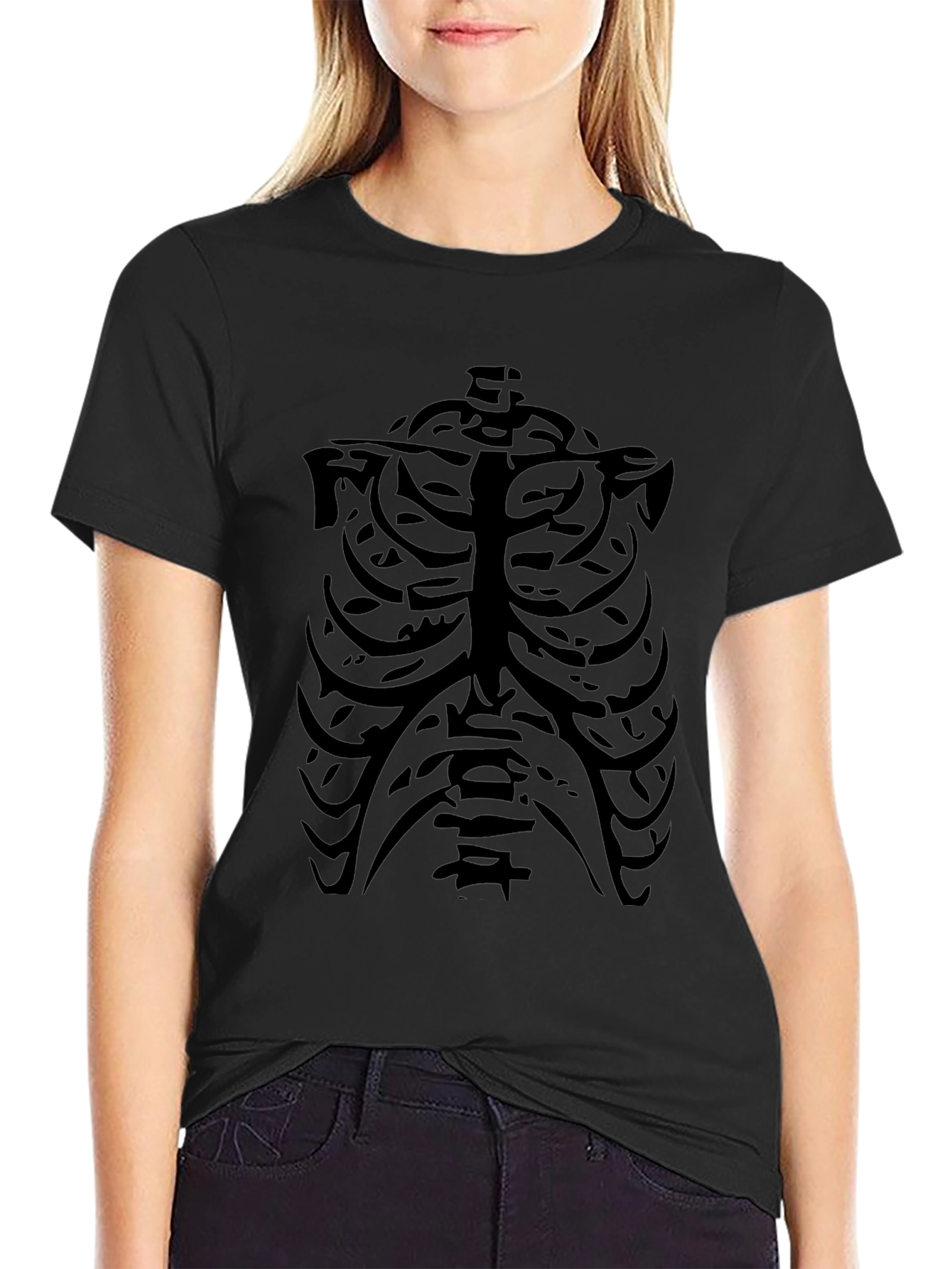 Skeleton Ribcage Graphic Tee - Black Crew Neck T-Shirt