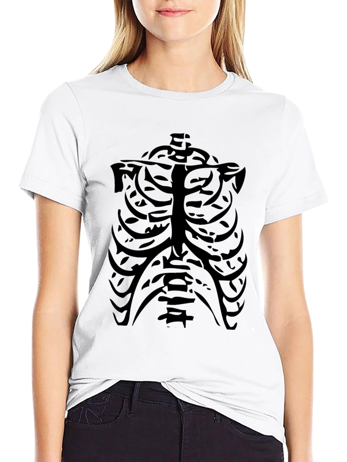 Skeleton Ribcage Graphic Tee - Black Crew Neck T-Shirt