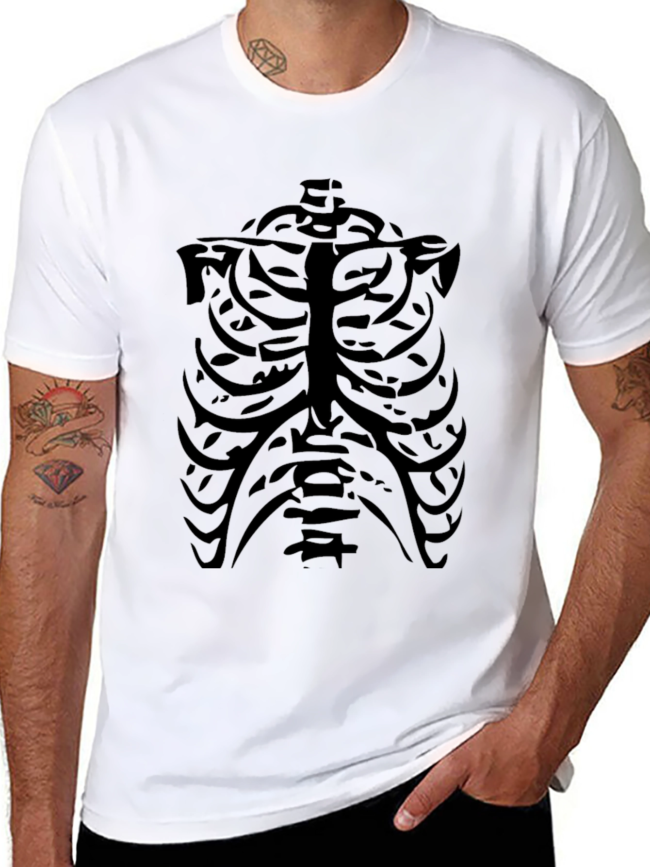 Skeleton Ribcage Graphic Tee - Black Crew Neck T-Shirt