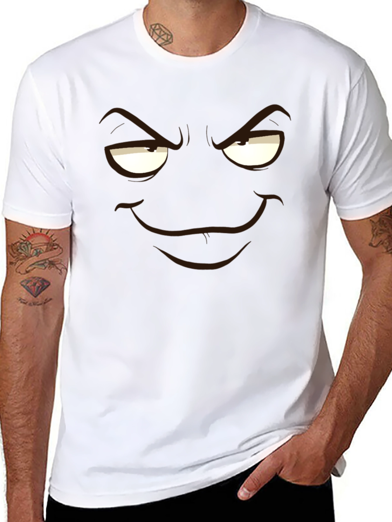 Mens Black T-Shirt with Cartoon Smirk Face