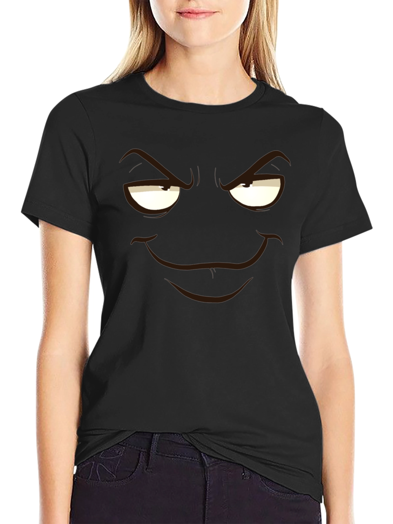 Mens Black T-Shirt with Cartoon Smirk Face
