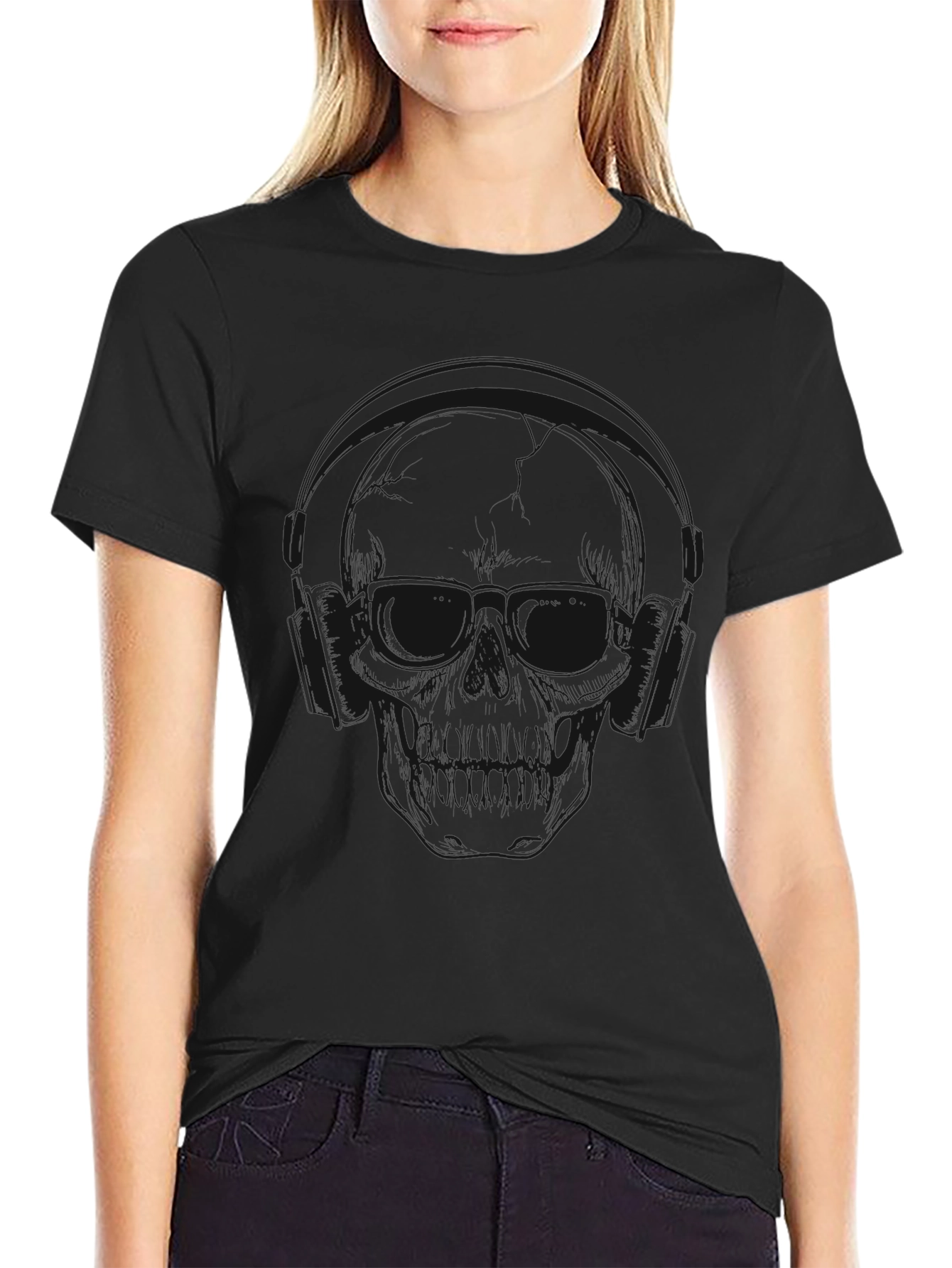 Skull with Headphones Graphic T-Shirt - Black