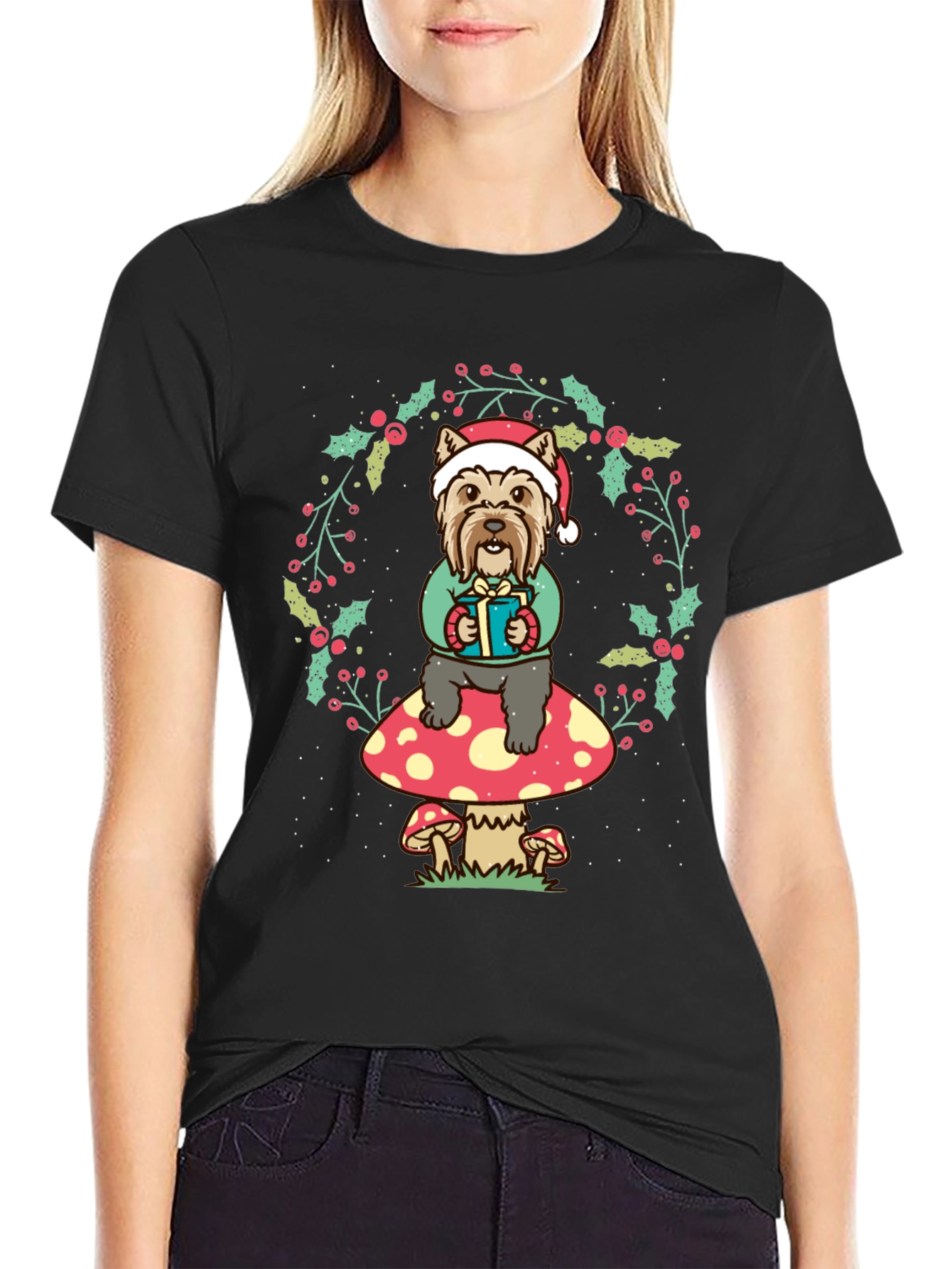 Festive Dog Mushroom Christmas Graphic Tee