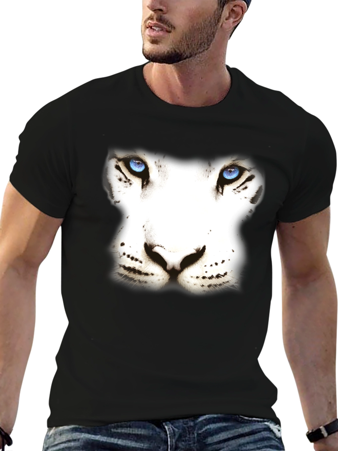 White Tiger Face Graphic Black T-Shirt