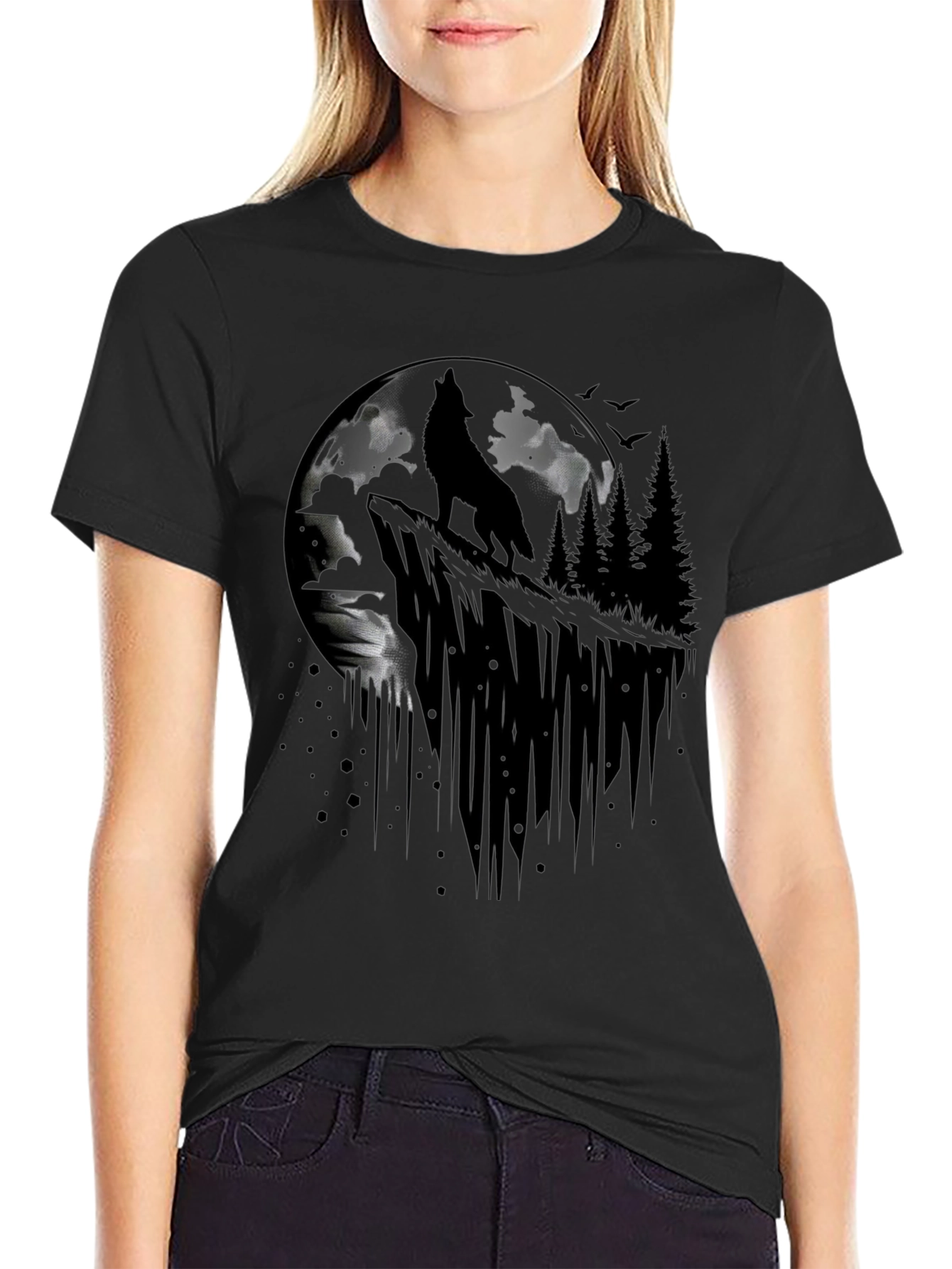 Wolf Moon Graphic Tee - Black Cotton T-Shirt
