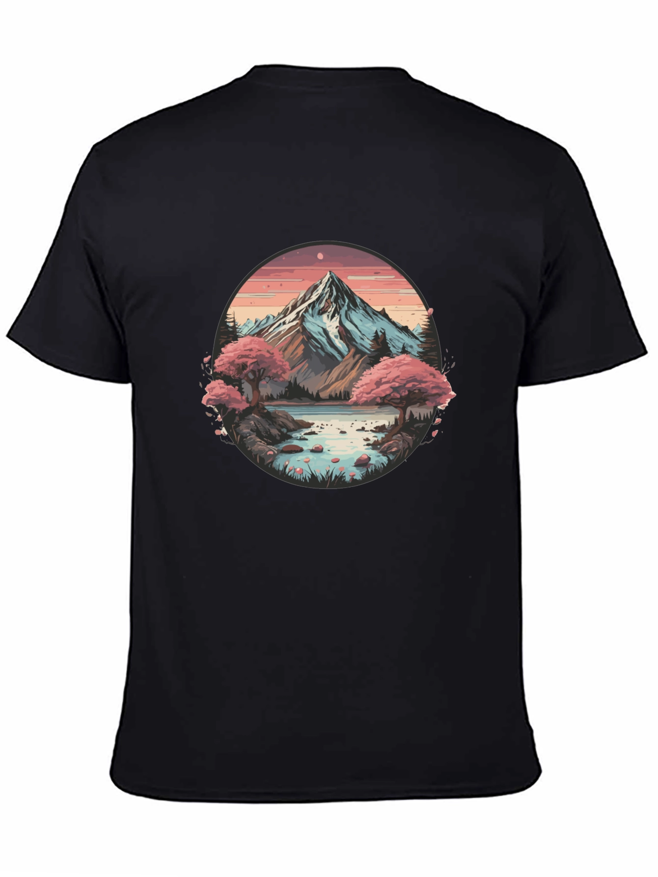 Mountain Lake Scene Graphic Tee - Black Casual Shirt