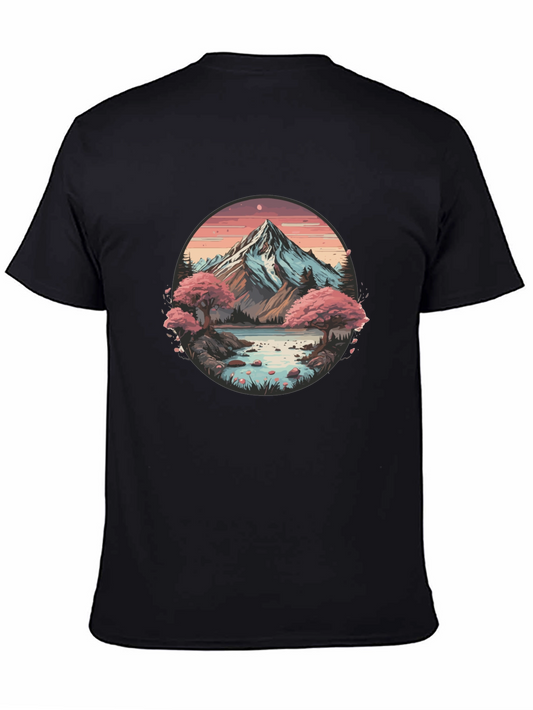 Mountain Lake Scene Graphic Tee - Black Casual Shirt
