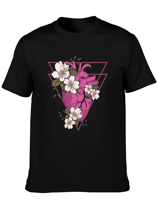 Floral Heart Graphic Tee - Stylish Black Cotton Shirt