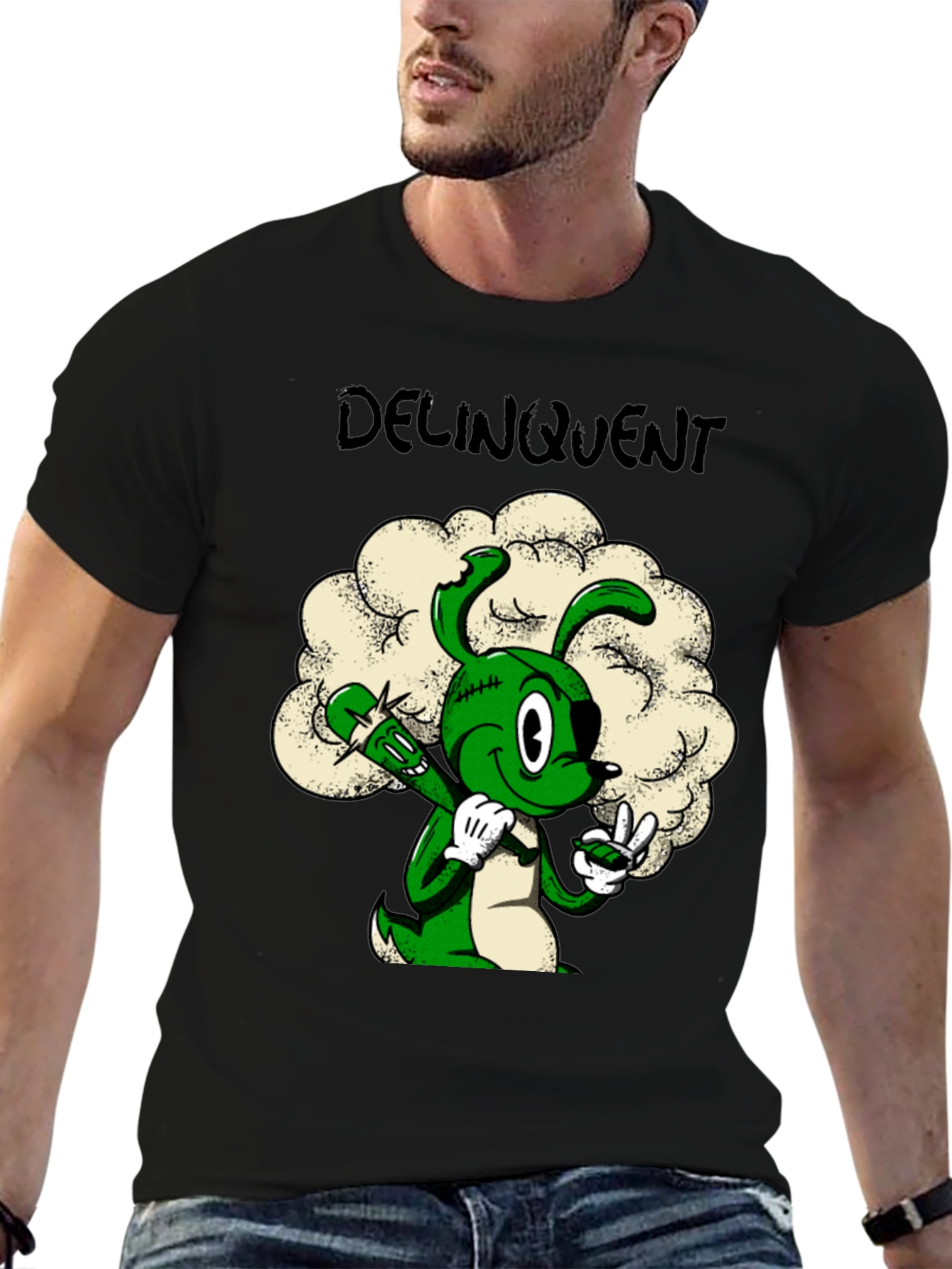 Delinquent Green Cartoon Bunny T-Shirt