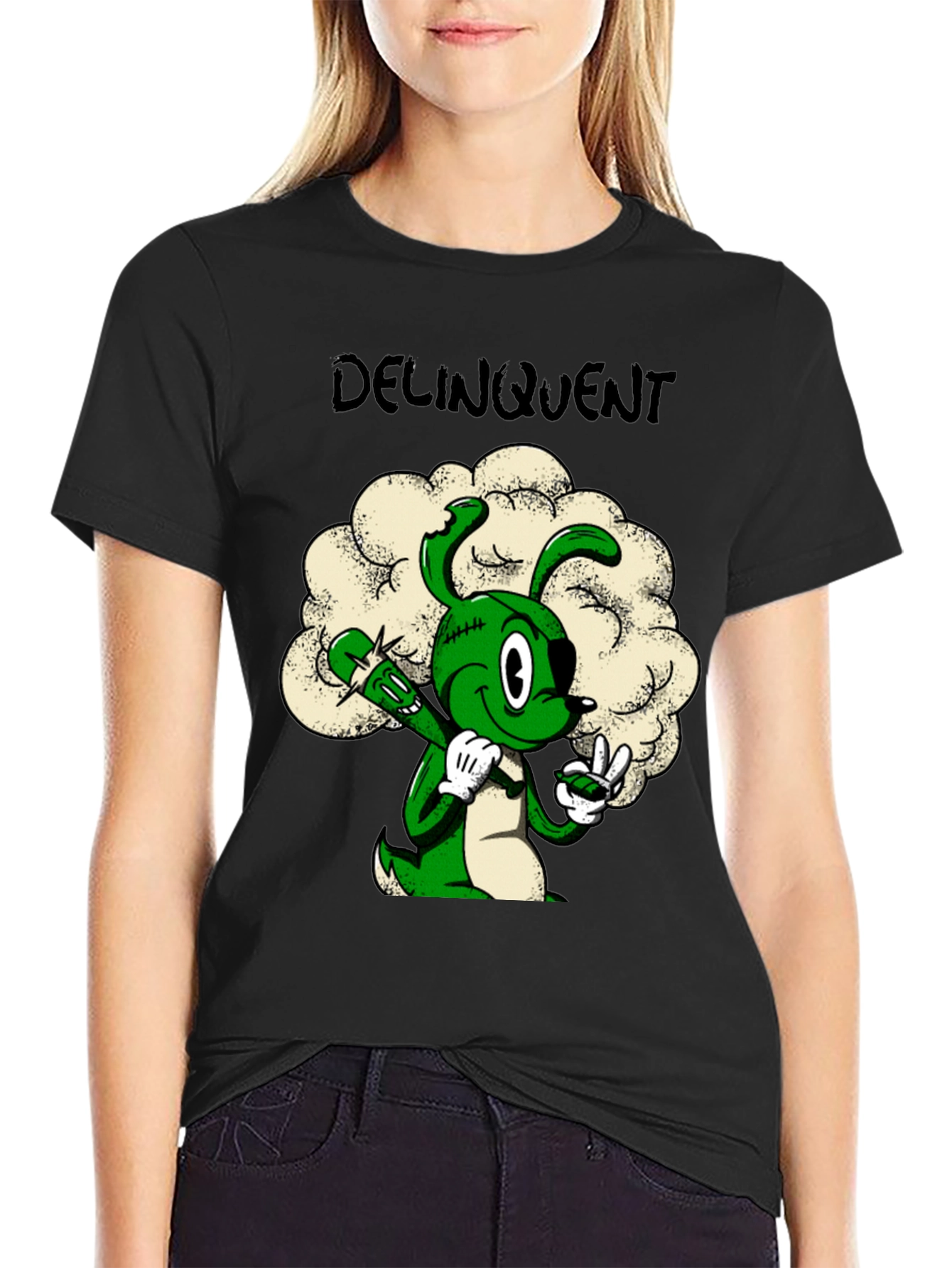 Delinquent Green Cartoon Bunny T-Shirt