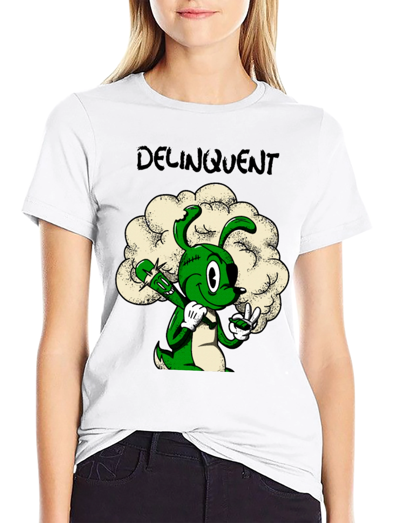 Delinquent Green Cartoon Bunny T-Shirt
