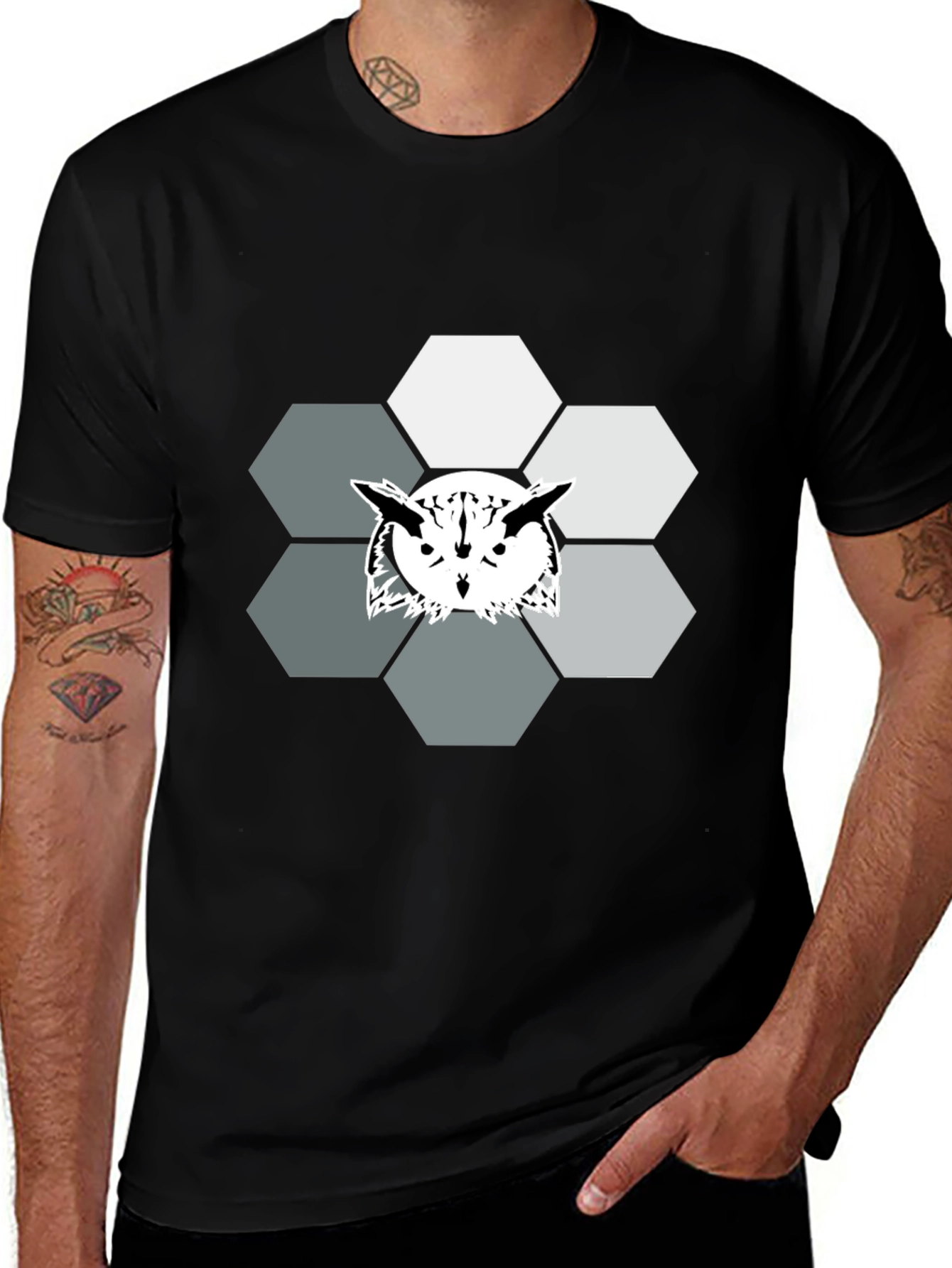 Geometric Owl Graphic Print Tee - Cool Hexagon Design