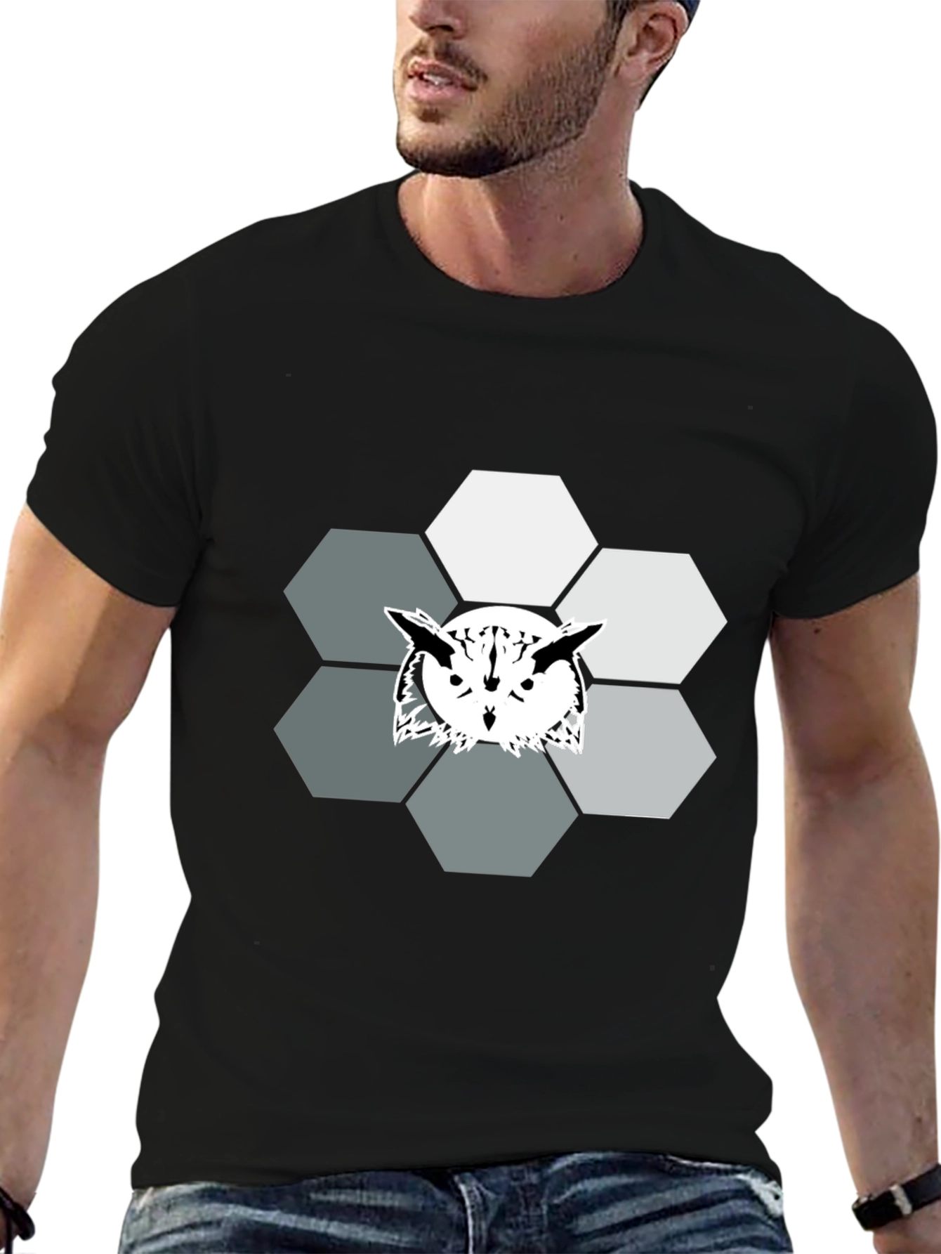 Geometric Owl Graphic Print Tee - Cool Hexagon Design