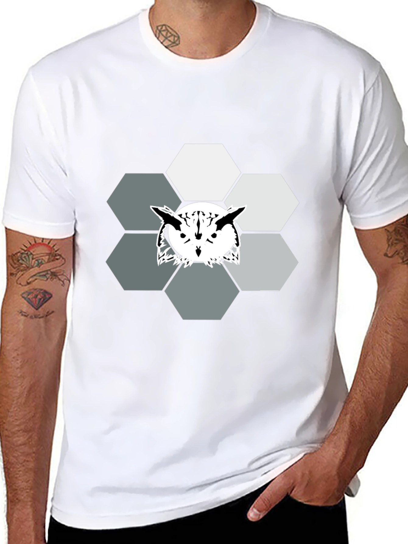 Geometric Owl Graphic Print Tee - Cool Hexagon Design
