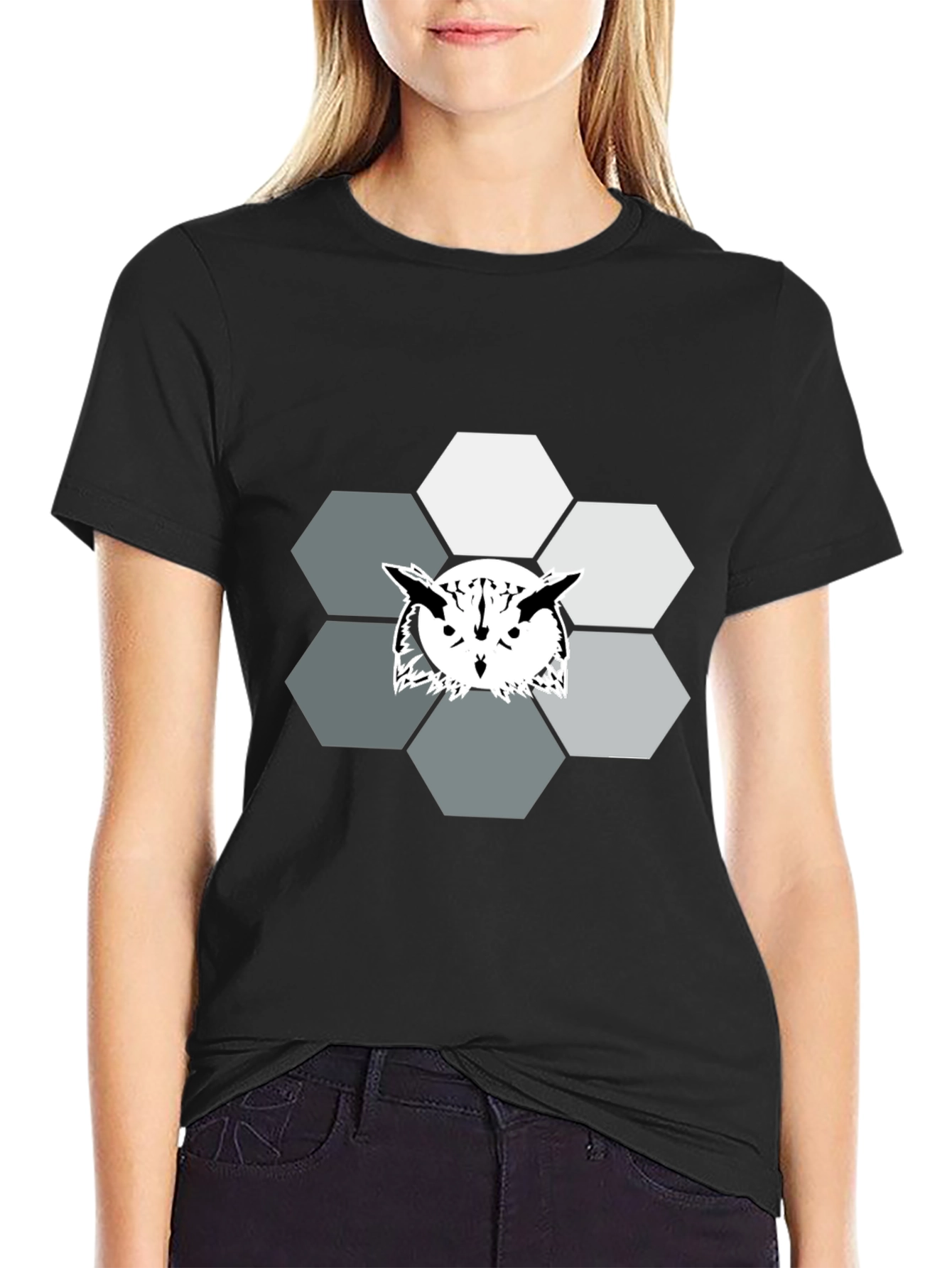 Geometric Owl Graphic Print Tee - Cool Hexagon Design