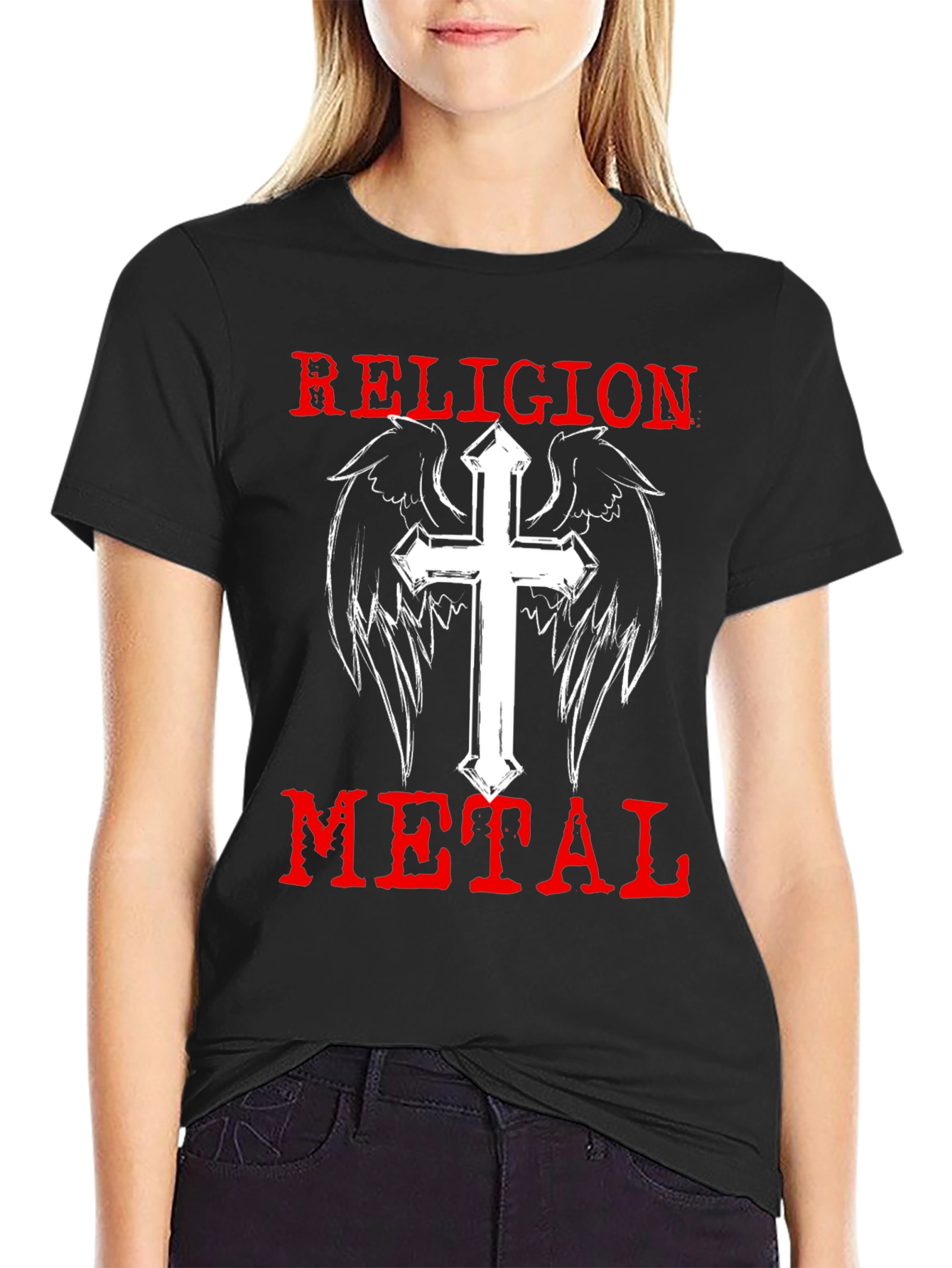 Religion Metal T-Shirt - Cross & Wings Graphic Tee