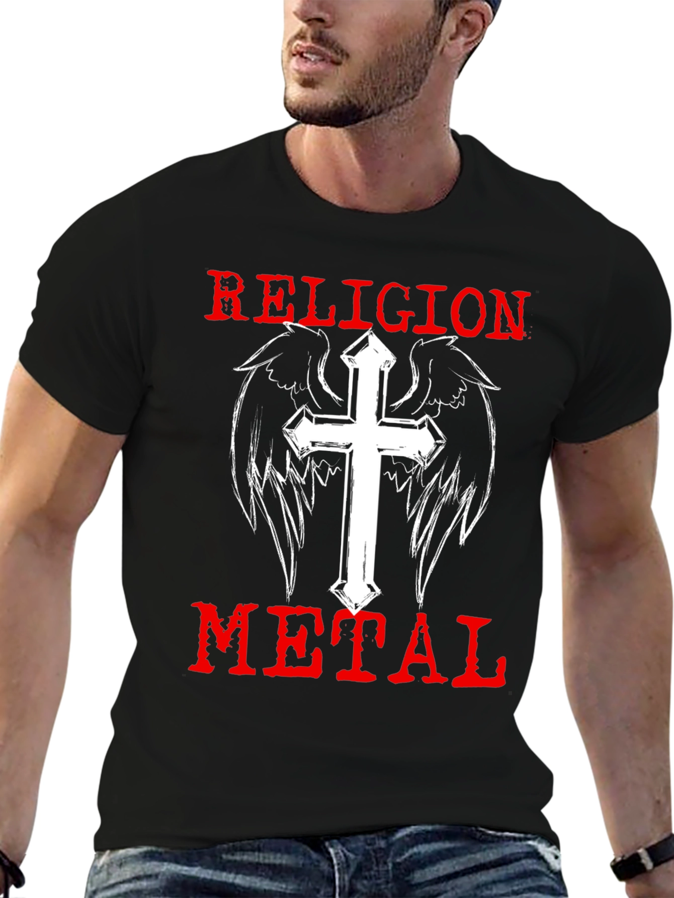 Religion Metal T-Shirt - Cross & Wings Graphic Tee