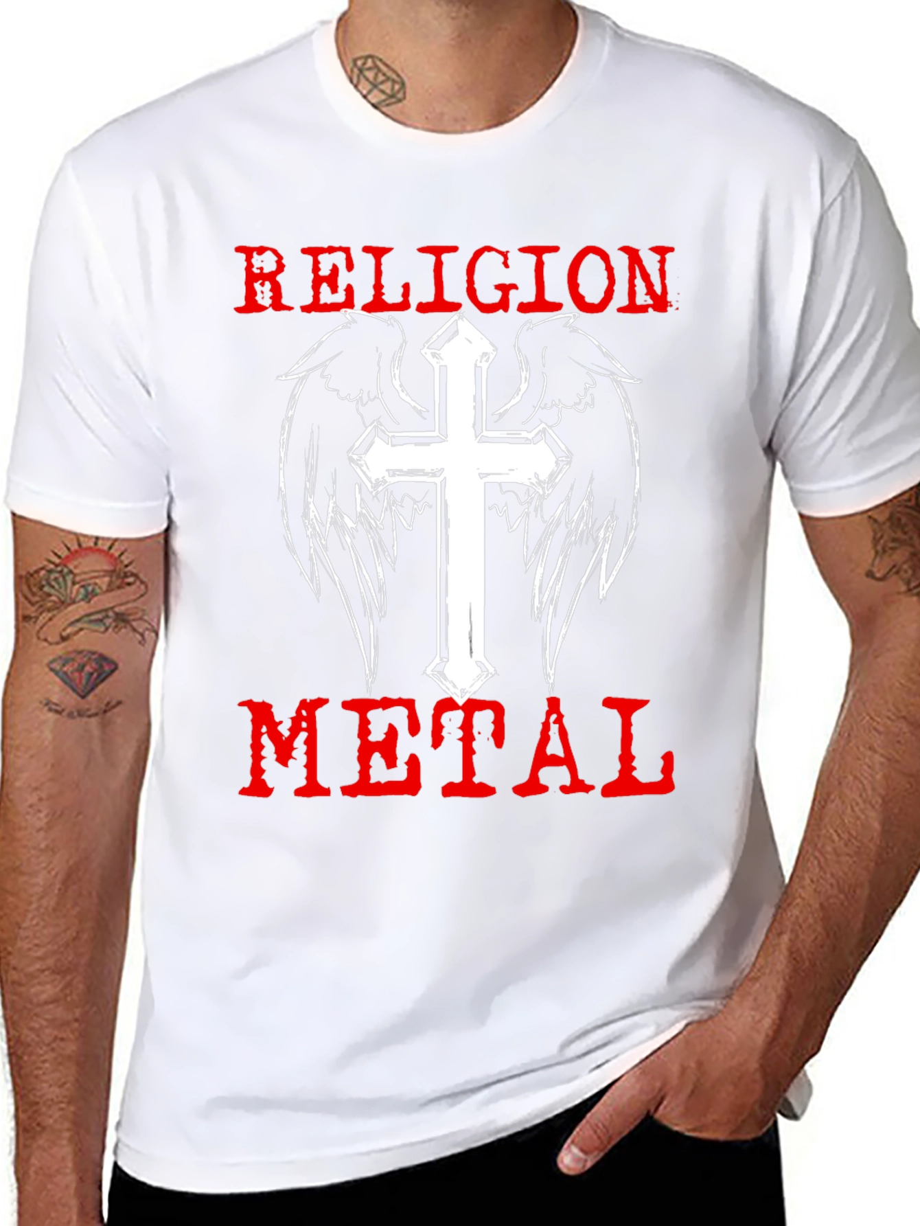 Religion Metal T-Shirt - Cross & Wings Graphic Tee