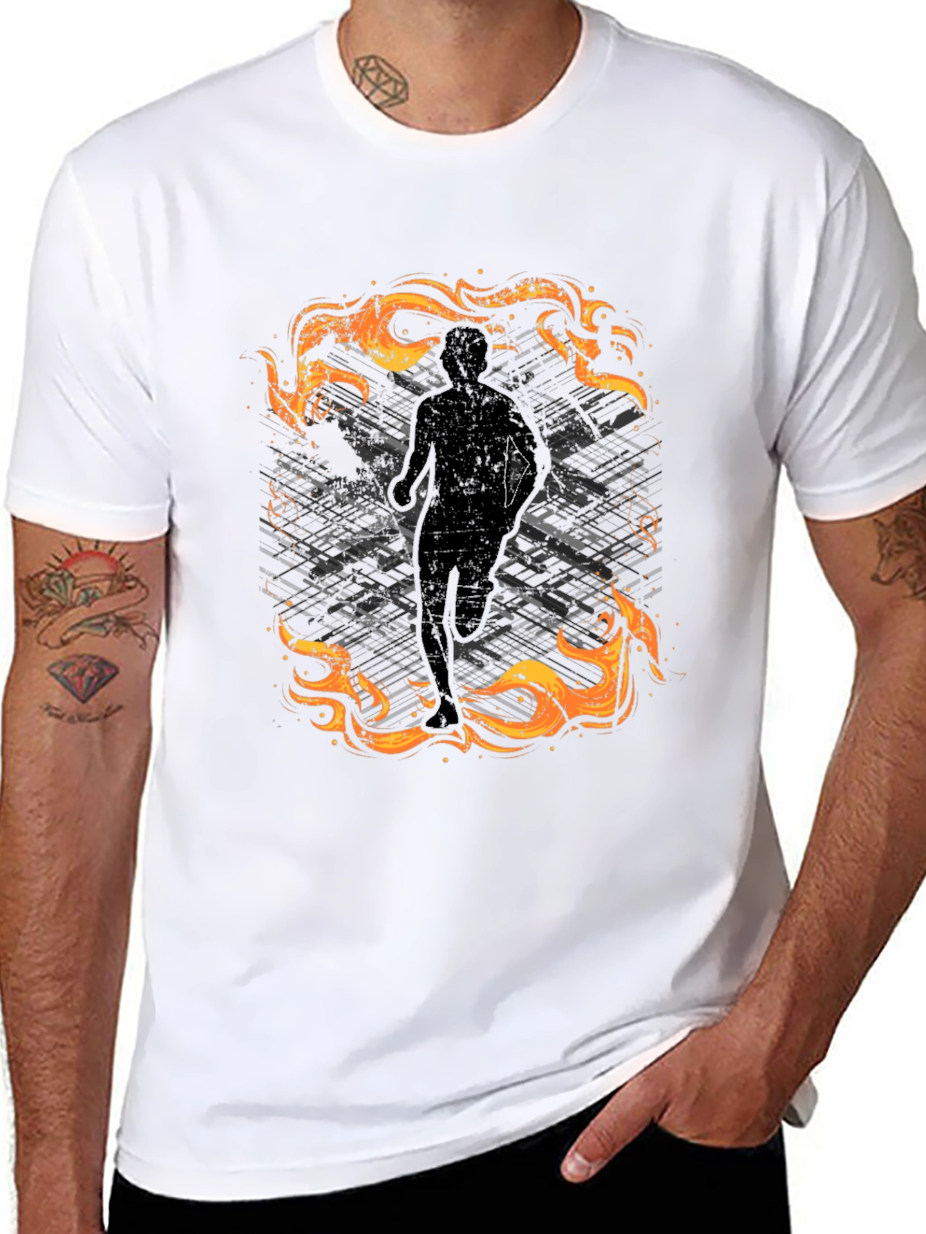 Mens Black Graphic Tee - Running in Flames Design