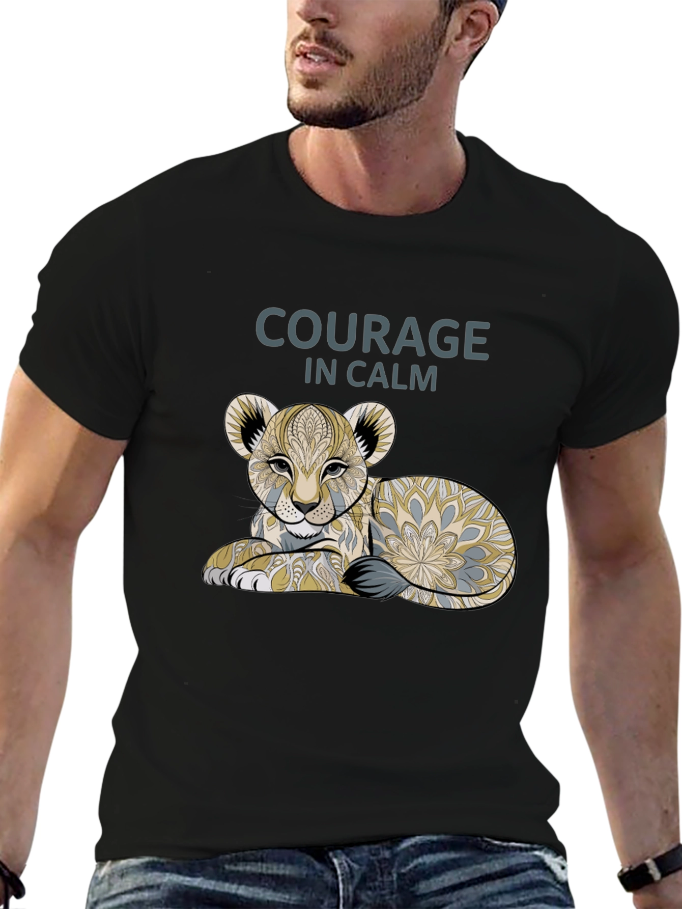 Courage in Calm Lion Cub Graphic Tee - Black
